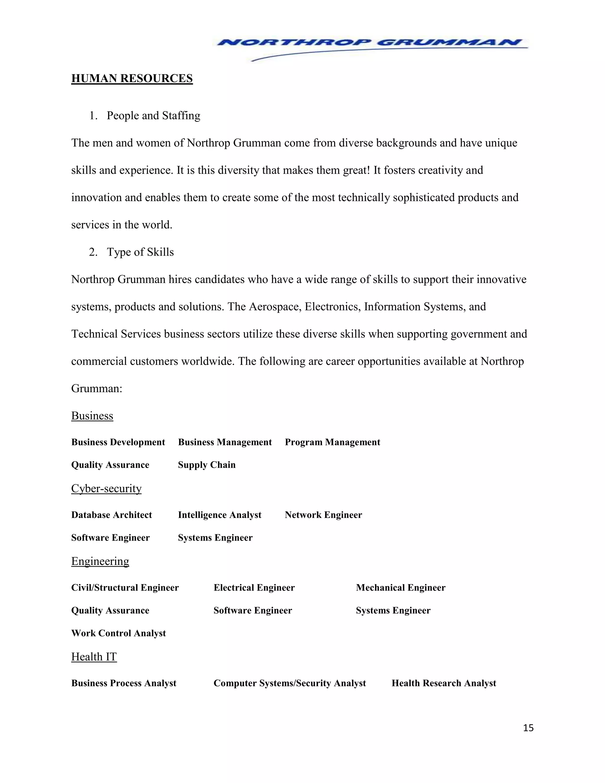 15
HUMAN RESOURCES
1. People and Staffing
The men and women of Northrop Grumman come from diverse backgrounds and have unique
skills and experience. It is this diversity that makes them great! It fosters creativity and
innovation and enables them to create some of the most technically sophisticated products and
services in the world.
2. Type of Skills
Northrop Grumman hires candidates who have a wide range of skills to support their innovative
systems, products and solutions. The Aerospace, Electronics, Information Systems, and
Technical Services business sectors utilize these diverse skills when supporting government and
commercial customers worldwide. The following are career opportunities available at Northrop
Grumman:
Business
Business Development Business Management Program Management
Quality Assurance Supply Chain
Cyber-security
Database Architect Intelligence Analyst Network Engineer
Software Engineer Systems Engineer
Engineering
Civil/Structural Engineer Electrical Engineer Mechanical Engineer
Quality Assurance Software Engineer Systems Engineer
Work Control Analyst
Health IT
Business Process Analyst Computer Systems/Security Analyst Health Research Analyst
 