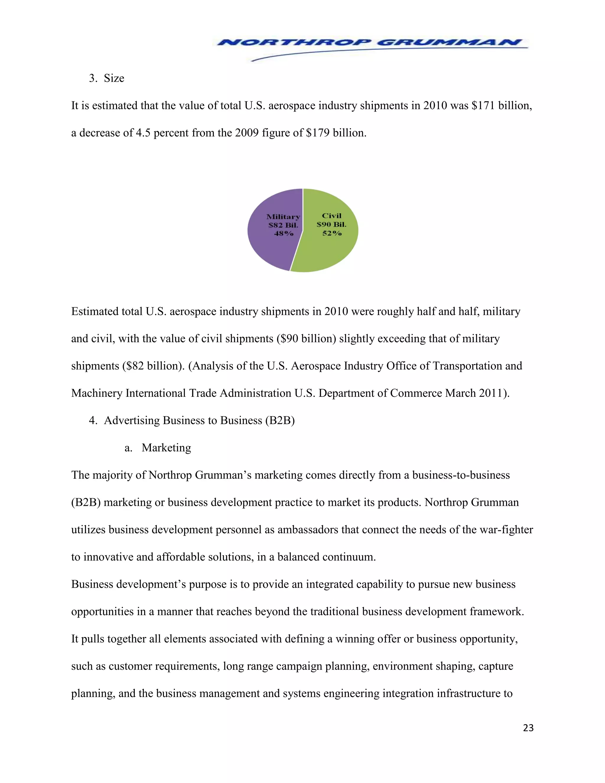 23
3. Size
It is estimated that the value of total U.S. aerospace industry shipments in 2010 was $171 billion,
a decrease of 4.5 percent from the 2009 figure of $179 billion.
Estimated total U.S. aerospace industry shipments in 2010 were roughly half and half, military
and civil, with the value of civil shipments ($90 billion) slightly exceeding that of military
shipments ($82 billion). (Analysis of the U.S. Aerospace Industry Office of Transportation and
Machinery International Trade Administration U.S. Department of Commerce March 2011).
4. Advertising Business to Business (B2B)
a. Marketing
The majority of Northrop Grumman’s marketing comes directly from a business-to-business
(B2B) marketing or business development practice to market its products. Northrop Grumman
utilizes business development personnel as ambassadors that connect the needs of the war-fighter
to innovative and affordable solutions, in a balanced continuum.
Business development’s purpose is to provide an integrated capability to pursue new business
opportunities in a manner that reaches beyond the traditional business development framework.
It pulls together all elements associated with defining a winning offer or business opportunity,
such as customer requirements, long range campaign planning, environment shaping, capture
planning, and the business management and systems engineering integration infrastructure to
 