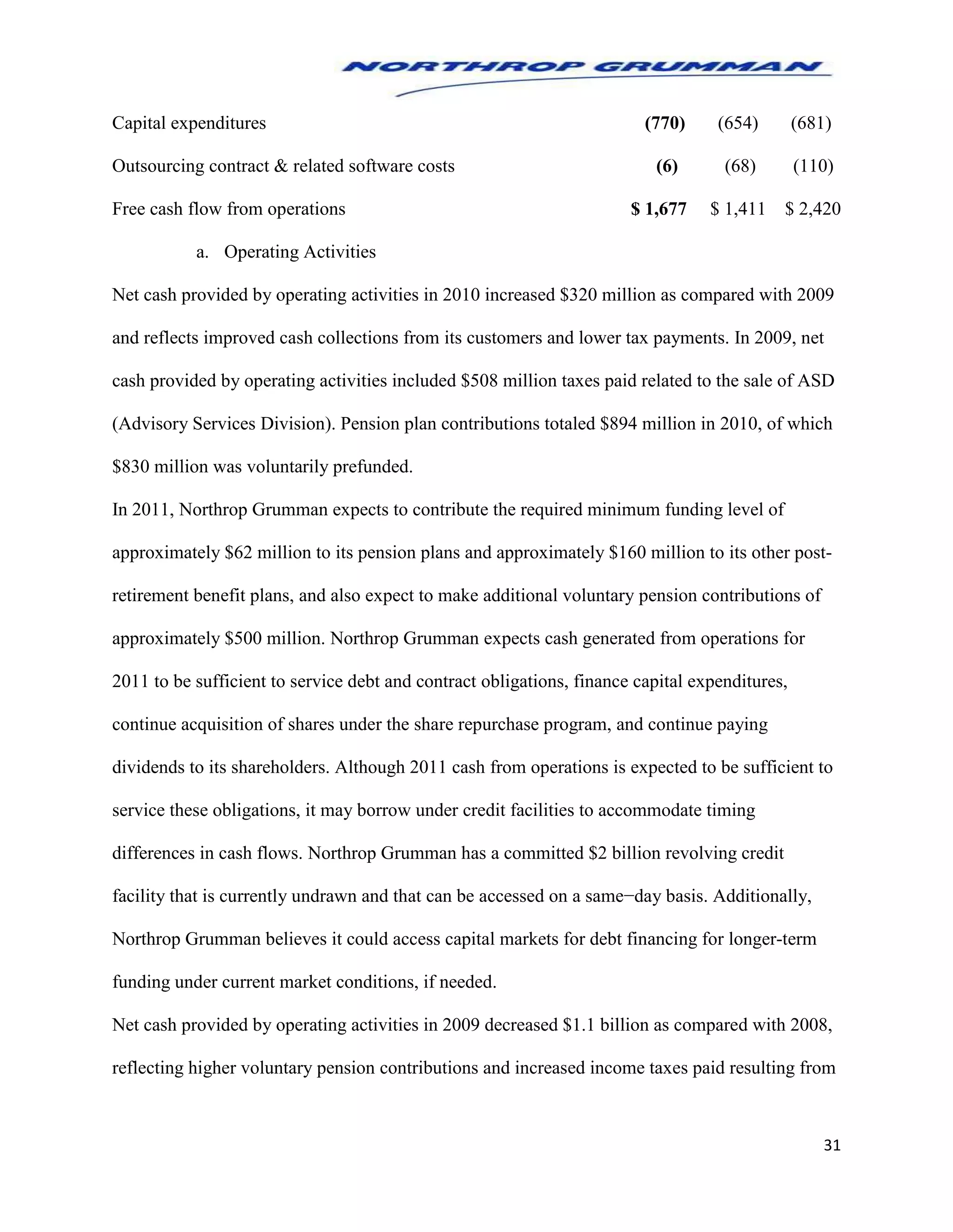 31
Capital expenditures (770) (654) (681)
Outsourcing contract & related software costs (6) (68) (110)
Free cash flow from operations $ 1,677 $ 1,411 $ 2,420
a. Operating Activities
Net cash provided by operating activities in 2010 increased $320 million as compared with 2009
and reflects improved cash collections from its customers and lower tax payments. In 2009, net
cash provided by operating activities included $508 million taxes paid related to the sale of ASD
(Advisory Services Division). Pension plan contributions totaled $894 million in 2010, of which
$830 million was voluntarily prefunded.
In 2011, Northrop Grumman expects to contribute the required minimum funding level of
approximately $62 million to its pension plans and approximately $160 million to its other post-
retirement benefit plans, and also expect to make additional voluntary pension contributions of
approximately $500 million. Northrop Grumman expects cash generated from operations for
2011 to be sufficient to service debt and contract obligations, finance capital expenditures,
continue acquisition of shares under the share repurchase program, and continue paying
dividends to its shareholders. Although 2011 cash from operations is expected to be sufficient to
service these obligations, it may borrow under credit facilities to accommodate timing
differences in cash flows. Northrop Grumman has a committed $2 billion revolving credit
facility that is currently undrawn and that can be accessed on a same−day basis. Additionally,
Northrop Grumman believes it could access capital markets for debt financing for longer-term
funding under current market conditions, if needed.
Net cash provided by operating activities in 2009 decreased $1.1 billion as compared with 2008,
reflecting higher voluntary pension contributions and increased income taxes paid resulting from
 