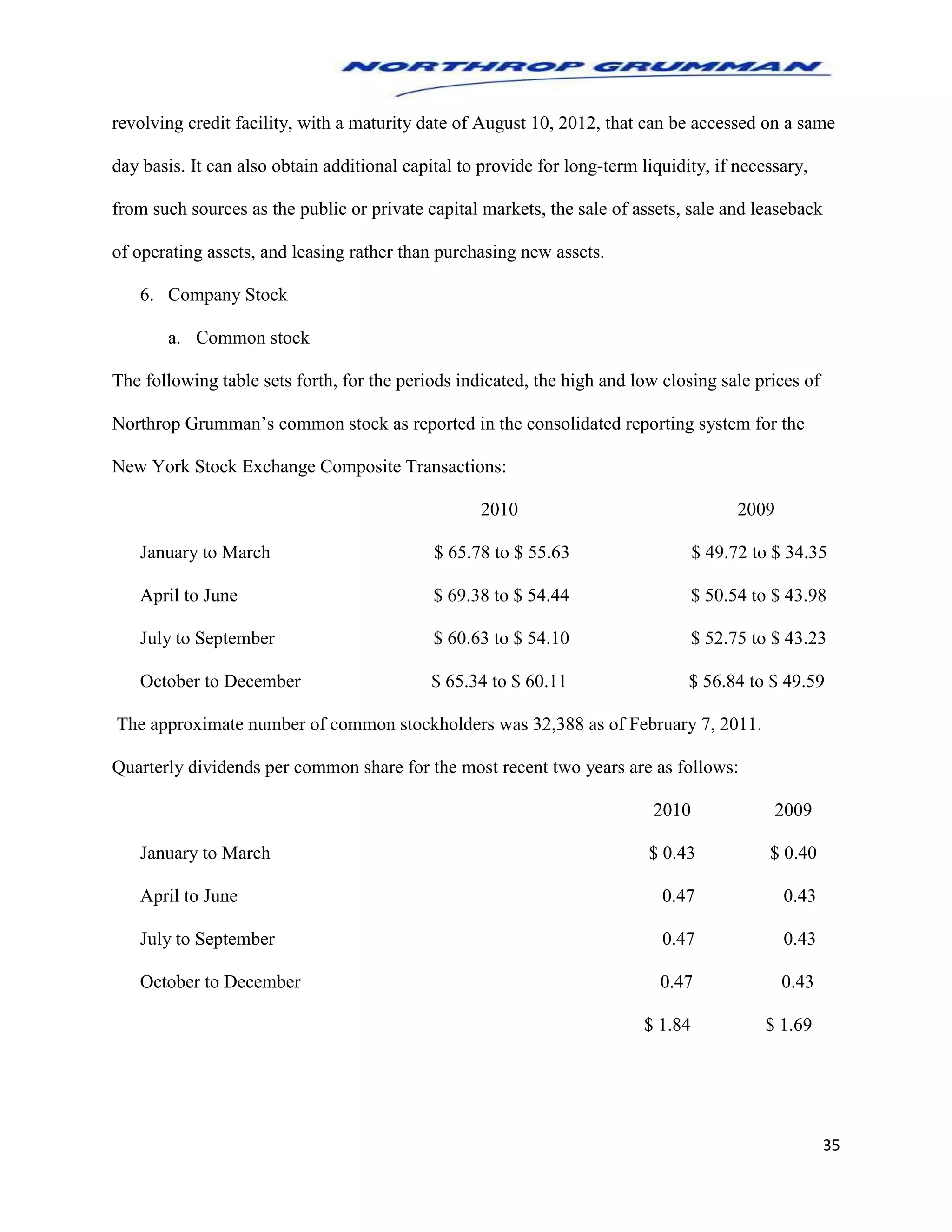35
revolving credit facility, with a maturity date of August 10, 2012, that can be accessed on a same
day basis. It can also obtain additional capital to provide for long-term liquidity, if necessary,
from such sources as the public or private capital markets, the sale of assets, sale and leaseback
of operating assets, and leasing rather than purchasing new assets.
6. Company Stock
a. Common stock
The following table sets forth, for the periods indicated, the high and low closing sale prices of
Northrop Grumman’s common stock as reported in the consolidated reporting system for the
New York Stock Exchange Composite Transactions:
2010 2009
January to March $ 65.78 to $ 55.63 $ 49.72 to $ 34.35
April to June $ 69.38 to $ 54.44 $ 50.54 to $ 43.98
July to September $ 60.63 to $ 54.10 $ 52.75 to $ 43.23
October to December $ 65.34 to $ 60.11 $ 56.84 to $ 49.59
The approximate number of common stockholders was 32,388 as of February 7, 2011.
Quarterly dividends per common share for the most recent two years are as follows:
2010 2009
January to March $ 0.43 $ 0.40
April to June 0.47 0.43
July to September 0.47 0.43
October to December 0.47 0.43
$ 1.84 $ 1.69
 