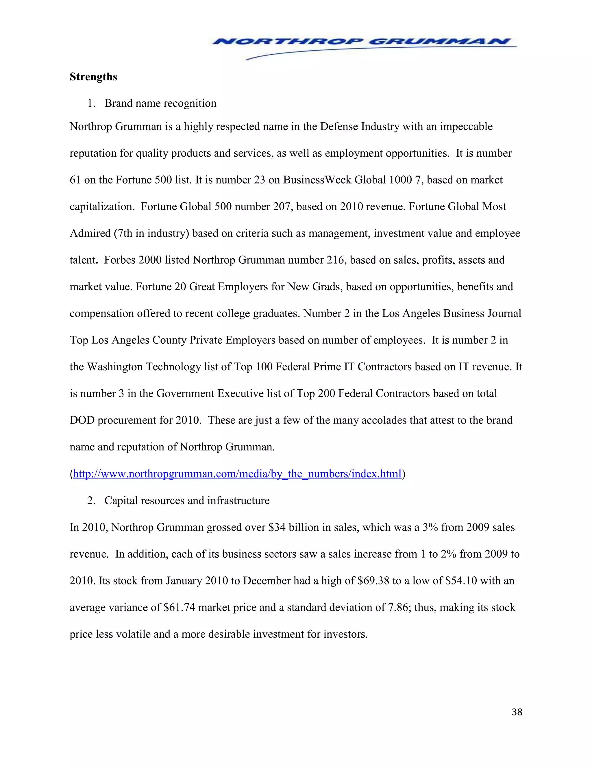 38
Strengths
1. Brand name recognition
Northrop Grumman is a highly respected name in the Defense Industry with an impeccable
reputation for quality products and services, as well as employment opportunities. It is number
61 on the Fortune 500 list. It is number 23 on BusinessWeek Global 1000 7, based on market
capitalization. Fortune Global 500 number 207, based on 2010 revenue. Fortune Global Most
Admired (7th in industry) based on criteria such as management, investment value and employee
talent. Forbes 2000 listed Northrop Grumman number 216, based on sales, profits, assets and
market value. Fortune 20 Great Employers for New Grads, based on opportunities, benefits and
compensation offered to recent college graduates. Number 2 in the Los Angeles Business Journal
Top Los Angeles County Private Employers based on number of employees. It is number 2 in
the Washington Technology list of Top 100 Federal Prime IT Contractors based on IT revenue. It
is number 3 in the Government Executive list of Top 200 Federal Contractors based on total
DOD procurement for 2010. These are just a few of the many accolades that attest to the brand
name and reputation of Northrop Grumman.
(http://www.northropgrumman.com/media/by_the_numbers/index.html)
2. Capital resources and infrastructure
In 2010, Northrop Grumman grossed over $34 billion in sales, which was a 3% from 2009 sales
revenue. In addition, each of its business sectors saw a sales increase from 1 to 2% from 2009 to
2010. Its stock from January 2010 to December had a high of $69.38 to a low of $54.10 with an
average variance of $61.74 market price and a standard deviation of 7.86; thus, making its stock
price less volatile and a more desirable investment for investors.
 