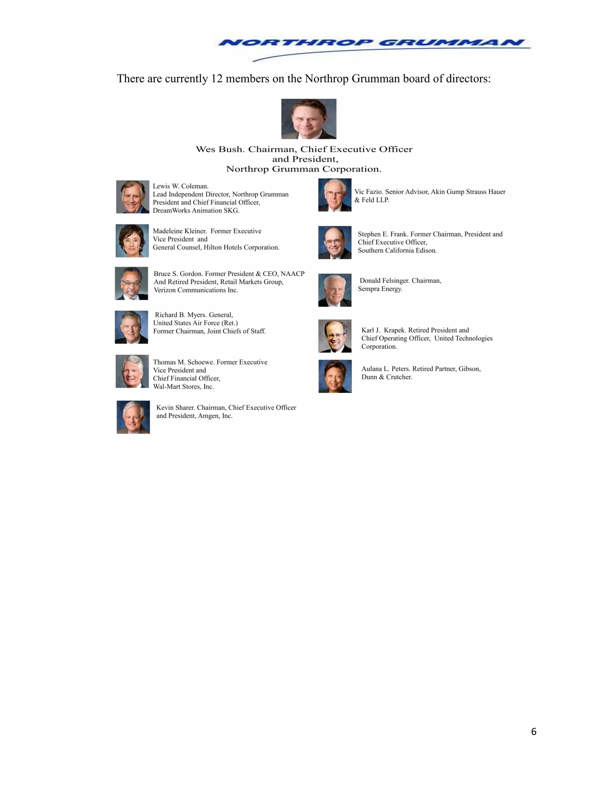 6
There are currently 12 members on the Northrop Grumman board of directors:
 
