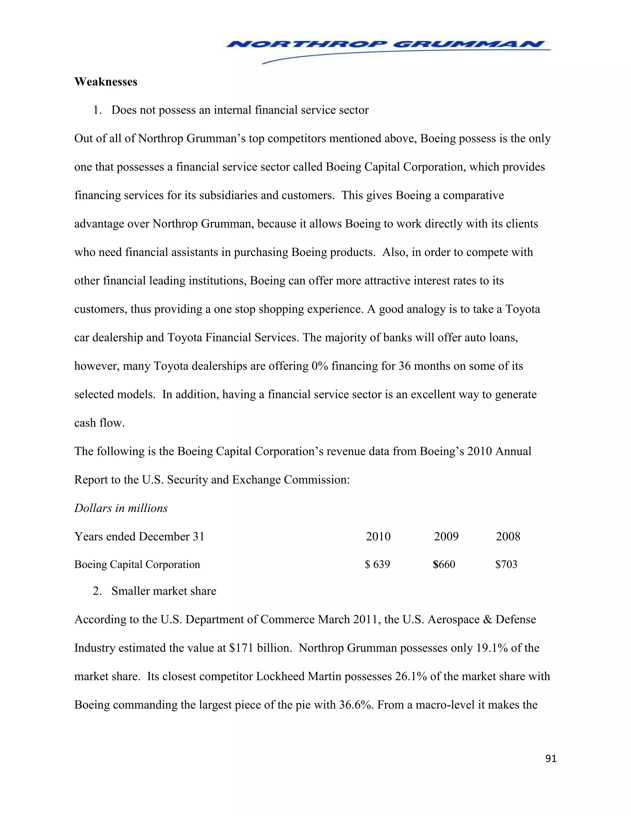 91
Weaknesses
1. Does not possess an internal financial service sector
Out of all of Northrop Grumman’s top competitors mentioned above, Boeing possess is the only
one that possesses a financial service sector called Boeing Capital Corporation, which provides
financing services for its subsidiaries and customers. This gives Boeing a comparative
advantage over Northrop Grumman, because it allows Boeing to work directly with its clients
who need financial assistants in purchasing Boeing products. Also, in order to compete with
other financial leading institutions, Boeing can offer more attractive interest rates to its
customers, thus providing a one stop shopping experience. A good analogy is to take a Toyota
car dealership and Toyota Financial Services. The majority of banks will offer auto loans,
however, many Toyota dealerships are offering 0% financing for 36 months on some of its
selected models. In addition, having a financial service sector is an excellent way to generate
cash flow.
The following is the Boeing Capital Corporation’s revenue data from Boeing’s 2010 Annual
Report to the U.S. Security and Exchange Commission:
Dollars in millions
Years ended December 31 2010 2009 2008
Boeing Capital Corporation $ 639 $660 $703
2. Smaller market share
According to the U.S. Department of Commerce March 2011, the U.S. Aerospace & Defense
Industry estimated the value at $171 billion. Northrop Grumman possesses only 19.1% of the
market share. Its closest competitor Lockheed Martin possesses 26.1% of the market share with
Boeing commanding the largest piece of the pie with 36.6%. From a macro-level it makes the
 