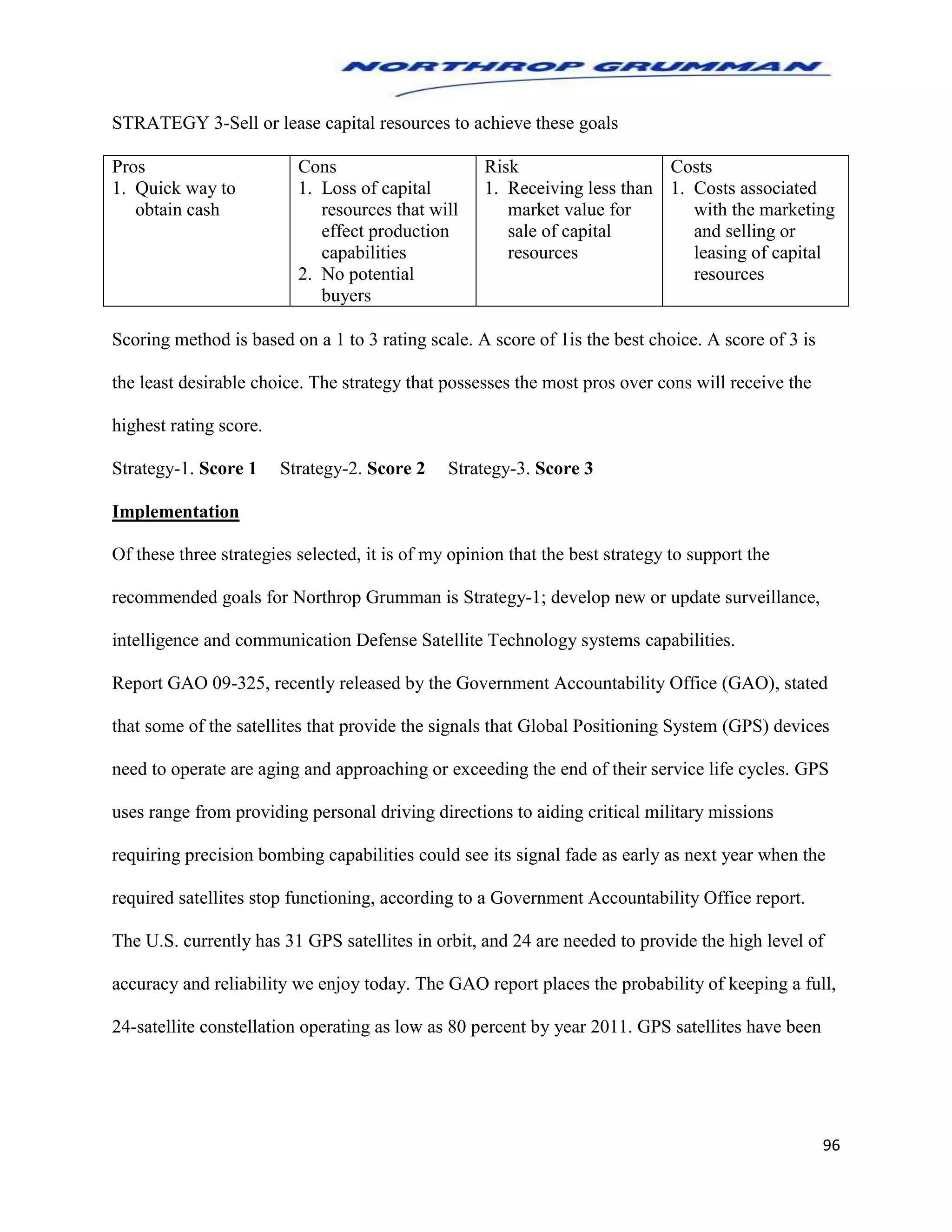 96
STRATEGY 3-Sell or lease capital resources to achieve these goals
Pros
1. Quick way to
obtain cash
Cons
1. Loss of capital
resources that will
effect production
capabilities
2. No potential
buyers
Risk
1. Receiving less than
market value for
sale of capital
resources
Costs
1. Costs associated
with the marketing
and selling or
leasing of capital
resources
Scoring method is based on a 1 to 3 rating scale. A score of 1is the best choice. A score of 3 is
the least desirable choice. The strategy that possesses the most pros over cons will receive the
highest rating score.
Strategy-1. Score 1 Strategy-2. Score 2 Strategy-3. Score 3
Implementation
Of these three strategies selected, it is of my opinion that the best strategy to support the
recommended goals for Northrop Grumman is Strategy-1; develop new or update surveillance,
intelligence and communication Defense Satellite Technology systems capabilities.
Report GAO 09-325, recently released by the Government Accountability Office (GAO), stated
that some of the satellites that provide the signals that Global Positioning System (GPS) devices
need to operate are aging and approaching or exceeding the end of their service life cycles. GPS
uses range from providing personal driving directions to aiding critical military missions
requiring precision bombing capabilities could see its signal fade as early as next year when the
required satellites stop functioning, according to a Government Accountability Office report.
The U.S. currently has 31 GPS satellites in orbit, and 24 are needed to provide the high level of
accuracy and reliability we enjoy today. The GAO report places the probability of keeping a full,
24-satellite constellation operating as low as 80 percent by year 2011. GPS satellites have been
 