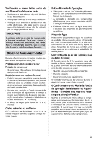 15
Verificações a serem feitas antes de
reutilizar o Condicionador de Ar
• Verifique se a rede elétrica não está danifica-
da ou desconectada.
• Verifique se o filtro de ar está limpo e instalado.
• Verifique se as entradas e saídas de ar não
estão obstruídas. Isto pode ocorrer depois
que o Condicionador de Ar não foi utilizado
por um longo período de tempo.
A unidade externa precisa de manutenção
e limpeza periódicas. Para isso, chame o
Serviço Autorizado Electrolux; não tente
fazer a manutenção sozinho. Este serviço
não é coberto pela Garantia do Produto.
Durante o funcionamento normal do produto, po-
dem ocorrer as seguintes situações:
Proteção do Condicionador de Ar
Proteção do compressor
• O compressor não parte por 3 minutos depois
que parou de funcionar.
Degelo (somente nos modelos Reverso)
• Pode formar gelo na unidade externa durante
o ciclo de aquecimento quando a temperatura
externa é baixa e a umidade é maior, resultan-
do em uma menor capacidade de aquecimento
do Condicionador de Ar.
• Durante esta condição, o Condicionador de Ar
pára a operação de aquecimento e começa o
degelo automaticamente. Enquanto esta ope-
ração é realizada o display da unidade interna
mostra a animação “ X “ no display.
• O tempo de degelo pode variar de 7,5 a 10
minutos.
Cheiro estranho no ambiente
O Condicionador de Ar também circula no ar os
odores vindos de paredes, carpetes, fumaça, mó-
veis e roupas.
Ruídos Normais de Operação
• Você pode ouvir um “clic” causado pelo venti-
lador ou pelo compressor quando estes estão
ligando ou desligando.
• A contração e dilatação dos componentes
plásticos pode gerar pequenos estalos, devido
à variação de temperatura.
• É normal ouvir um ruído de água. Este ruído
é causado pela expansão do gás refrigerante
no sistema.
Pingando Água
Pode ocorrer pingamento de água na superfície
da unidade interna quando estiver refrigerando
em locais com umidade relativa do ar alta (umi-
dade relativa do ar maior que 80%). Ajuste as
aletas horizontais de forma que permitam uma
maior saída de ar e selecione a velocidade de
ventilação Alta.
Sem ventilação de ar frio (somente nos
modelos Reverso)
O Condicionador de Ar foi projetado para não
ventilar ar frio no modo de operação aquecimen-
to, quando o trocador de calor interno estiver em
uma das três situações a seguir:
• Quando o aquecimento está começando;
• Durante o degelo;
• Baixa temperatura de aquecimento.
O ventilador interno para de funcionar durante o
degelo (somente nos modelos reverso).
O Condicionador de Ar Muda da Função
de operação Resfriamento ou Aqueci-
mento - (somente nos modelos rever-
so) para a Função Ventilar
Quando a temperatura interna atinge a tempe-
ratura programada no Condicionador de Ar, o
compressor para automaticamente e somente
o ventilador da unidade interna continua fun-
cionando. O compressor irá ligar novamente
quando a temperatura interna aumentar (na fun-
ção de Resfriamento) ou diminuir (na função de
Aquecimento) da temperatura programada.
 