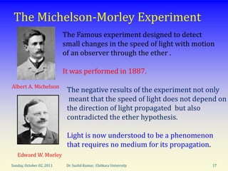 The Michelson-Morley Experiment
                           The Famous experiment designed to detect
                           small changes in the speed of light with motion
                           of an observer through the ether .

                           It was performed in 1887.
Albert A. Michelson
                            The negative results of the experiment not only
                             meant that the speed of light does not depend on
                            the direction of light propagated but also
                            contradicted the ether hypothesis.

                            Light is now understood to be a phenomenon
                            that requires no medium for its propagation.
   Edward W. Morley
Sunday, October 02, 2011    Dr. Sushil Kumar, Chitkara University        17
 