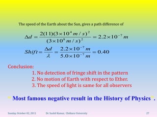 The speed of the Earth about the Sun, gives a path difference of

                           2(11)(3 10 4 m / s ) 2                             7
                 d                                                   2.2 10       m
                              (3 10 8 m / s ) 2
                                                             7
                               d         2.2 10                m
              Shif t                                         7
                                                                     0.40
                                         5.0 10                m

Conclusion:
          1. No detection of fringe shift in the pattern
          2. No motion of Earth with respect to Ether.
          3. The speed of light is same for all observers

“ Most famous negative result in the History of Physics”.

Sunday, October 02, 2011     Dr. Sushil Kumar, Chitkara University                    27
 