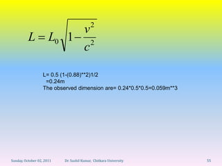 2
                           v
          L           L0 1 2
                           c

                   L= 0.5 (1-(0.88)**2)1/2
                    =0.24m
                   The observed dimension are= 0.24*0.5*0.5=0.059m**3




Sunday, October 02, 2011   Dr. Sushil Kumar, Chitkara University        55
 