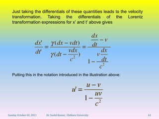 Just taking the differentials of these quantities leads to the velocity
   transformation. Taking the differentials of the Lorentz
   transformation expressions for x' and t' above gives




   Putting this in the notation introduced in the illustration above:




Sunday, October 02, 2011   Dr. Sushil Kumar, Chitkara University             61
 