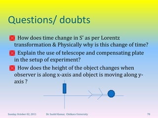Questions/ doubts
  How does time change in S’ as per Lorentz
  transformation & Physically why is this change of time?
  Explain the use of telescope and compensating plate
  in the setup of experiment?
  How does the height of the object changes when
  observer is along x-axis and object is moving along y-
  axis ?




Sunday, October 02, 2011   Dr. Sushil Kumar, Chitkara University   70
 