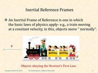 Inertial Reference Frames

 An Inertial Frame of Reference is one in which
  the basic laws of physics apply- e.g., a train moving
  at a constant velocity, in this, objects move “ normally”.



       v




                     Objects obeying the Newton’s First Law.
Sunday, October 02, 2011    Dr. Sushil Kumar, Chitkara University   9
 