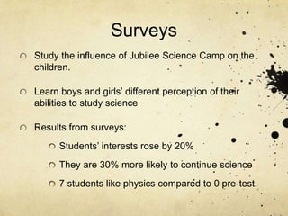 Surveys
Study the influence of Jubilee Science Camp on the
children.
Learn boys and girls’ different perception of their
abilities to study science
Results from surveys:
Students’ interests rose by 20%
They are 30% more likely to continue science
7 students like physics compared to 0 pre-test.
 