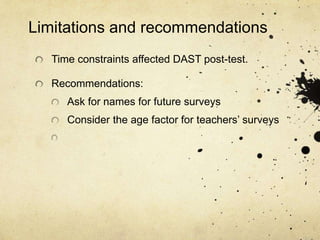 Limitations and recommendations
Time constraints affected DAST post-test.
Recommendations:
Ask for names for future surveys
Consider the age factor for teachers’ surveys
 