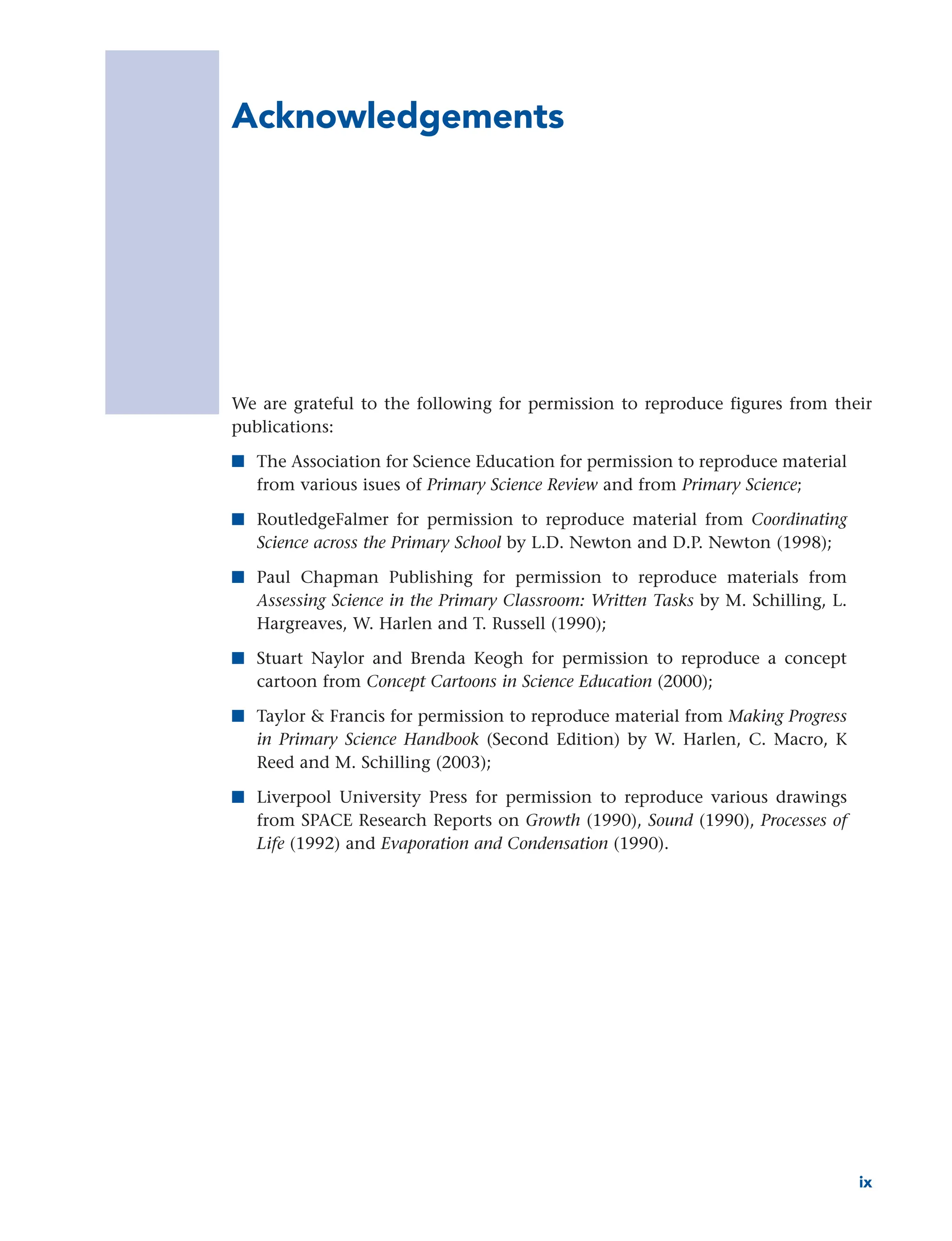 Acknowledgements
We are grateful to the following for permission to reproduce figures from their
publications:
■ The Association for Science Education for permission to reproduce material
from various isues of Primary Science Review and from Primary Science;
■ RoutledgeFalmer for permission to reproduce material from Coordinating
Science across the Primary School by L.D. Newton and D.P. Newton (1998);
■ Paul Chapman Publishing for permission to reproduce materials from
Assessing Science in the Primary Classroom: Written Tasks by M. Schilling, L.
Hargreaves, W. Harlen and T. Russell (1990);
■ Stuart Naylor and Brenda Keogh for permission to reproduce a concept
cartoon from Concept Cartoons in Science Education (2000);
■ Taylor & Francis for permission to reproduce material from Making Progress
in Primary Science Handbook (Second Edition) by W. Harlen, C. Macro, K
Reed and M. Schilling (2003);
■ Liverpool University Press for permission to reproduce various drawings
from SPACE Research Reports on Growth (1990), Sound (1990), Processes of
Life (1992) and Evaporation and Condensation (1990).
ix
 
