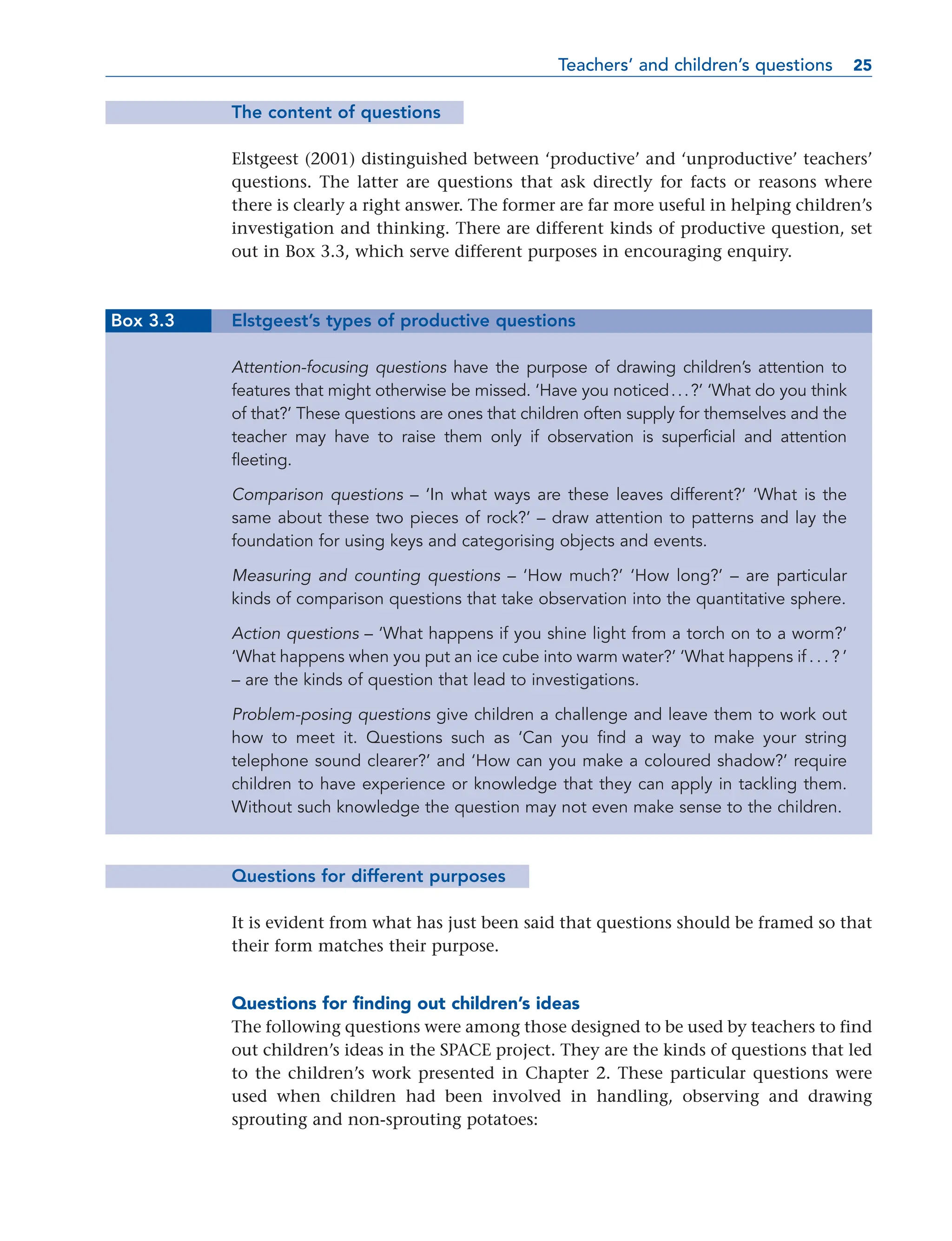 The content of questions
Elstgeest (2001) distinguished between ‘productive’ and ‘unproductive’ teachers’
questions. The latter are questions that ask directly for facts or reasons where
there is clearly a right answer. The former are far more useful in helping children’s
investigation and thinking. There are different kinds of productive question, set
out in Box 3.3, which serve different purposes in encouraging enquiry.
Box 3.3 Elstgeest’s types of productive questions
Attention-focusing questions have the purpose of drawing children’s attention to
features that might otherwise be missed. ‘Have you noticed...?’ ‘What do you think
of that?’ These questions are ones that children often supply for themselves and the
teacher may have to raise them only if observation is superficial and attention
fleeting.
Comparison questions – ‘In what ways are these leaves different?’ ‘What is the
same about these two pieces of rock?’ – draw attention to patterns and lay the
foundation for using keys and categorising objects and events.
Measuring and counting questions – ‘How much?’ ‘How long?’ – are particular
kinds of comparison questions that take observation into the quantitative sphere.
Action questions – ‘What happens if you shine light from a torch on to a worm?’
‘What happens when you put an ice cube into warm water?’ ‘What happens if . . . ? ’
– are the kinds of question that lead to investigations.
Problem-posing questions give children a challenge and leave them to work out
how to meet it. Questions such as ‘Can you find a way to make your string
telephone sound clearer?’ and ‘How can you make a coloured shadow?’ require
children to have experience or knowledge that they can apply in tackling them.
Without such knowledge the question may not even make sense to the children.
Questions for different purposes
It is evident from what has just been said that questions should be framed so that
their form matches their purpose.
Questions for finding out children’s ideas
The following questions were among those designed to be used by teachers to find
out children’s ideas in the SPACE project. They are the kinds of questions that led
to the children’s work presented in Chapter 2. These particular questions were
used when children had been involved in handling, observing and drawing
sprouting and non-sprouting potatoes:
Teachers’ and children’s questions 25
25
 