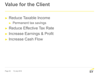 Page 25
Value for the Client
► Reduce Taxable Income
► Permanent tax savings
► Reduce Effective Tax Rate
► Increase Earnings & Profit
► Increase Cash Flow
12 July 2016
 