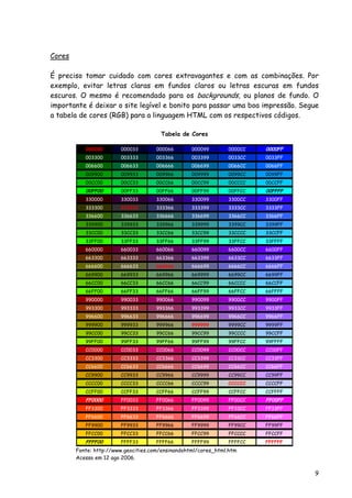 9
Cores
É preciso tomar cuidado com cores extravagantes e com as combinações. Por
exemplo, evitar letras claras em fundos claros ou letras escuras em fundos
escuros. O mesmo é recomendado para os backgrounds, ou planos de fundo. O
importante é deixar o site legível e bonito para passar uma boa impressão. Segue
a tabela de cores (RGB) para a linguagem HTML com os respectivos códigos.
Tabela de Cores
000000 000033 000066 000099 0000CC 0000FF
003300 003333 003366 003399 0033CC 0033FF
006600 006633 006666 006699 0066CC 0066FF
009900 009933 009966 009999 0099CC 0099FF
00CC00 00CC33 00CC66 00CC99 00CCCC 00CCFF
00FF00 00FF33 00FF66 00FF99 00FFCC 00FFFF
330000 330033 330066 330099 3300CC 3300FF
333300 333333 333366 333399 3333CC 3333FF
336600 336633 336666 336699 3366CC 3366FF
339900 339933 339966 339999 3399CC 3399FF
33CC00 33CC33 33CC66 33CC99 33CCCC 33CCFF
33FF00 33FF33 33FF66 33FF99 33FFCC 33FFFF
660000 660033 660066 660099 6600CC 6600FF
663300 663333 663366 663399 6633CC 6633FF
666600 666633 666666 666699 6666CC 6666FF
669900 669933 669966 669999 6699CC 6699FF
66CC00 66CC33 66CC66 66CC99 66CCCC 66CCFF
66FF00 66FF33 66FF66 66FF99 66FFCC 66FFFF
990000 990033 990066 990099 9900CC 9900FF
993300 993333 993366 993399 9933CC 9933FF
996600 996633 996666 996699 9966CC 9966FF
999900 999933 999966 999999 9999CC 9999FF
99CC00 99CC33 99CC66 99CC99 99CCCC 99CCFF
99FF00 99FF33 99FF66 99FF99 99FFCC 99FFFF
CC0000 CC0033 CC0066 CC0099 CC00CC CC00FF
CC3300 CC3333 CC3366 CC3399 CC33CC CC33FF
CC6600 CC6633 CC6666 CC6699 CC66CC CC66FF
CC9900 CC9933 CC9966 CC9999 CC99CC CC99FF
CCCC00 CCCC33 CCCC66 CCCC99 CCCCCC CCCCFF
CCFF00 CCFF33 CCFF66 CCFF99 CCFFCC CCFFFF
FF0000 FF0033 FF0066 FF0099 FF00CC FF00FF
FF3300 FF3333 FF3366 FF3399 FF33CC FF33FF
FF6600 FF6633 FF6666 FF6699 FF66CC FF66FF
FF9900 FF9933 FF9966 FF9999 FF99CC FF99FF
FFCC00 FFCC33 FFCC66 FFCC99 FFCCCC FFCCFF
FFFF00 FFFF33 FFFF66 FFFF99 FFFFCC FFFFFF
Fonte: http://www.geocities.com/ensinandohtml/cores_html.htm
Acesso em 12 ago 2006.
 