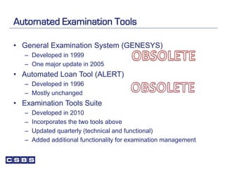 Automated Examination Tools
• General Examination System (GENESYS)
– Developed in 1999
– One major update in 2005
• Automated Loan Tool (ALERT)
– Developed in 1996
– Mostly unchanged
• Examination Tools Suite
– Developed in 2010
– Incorporates the two tools above
– Updated quarterly (technical and functional)
– Added additional functionality for examination management
 