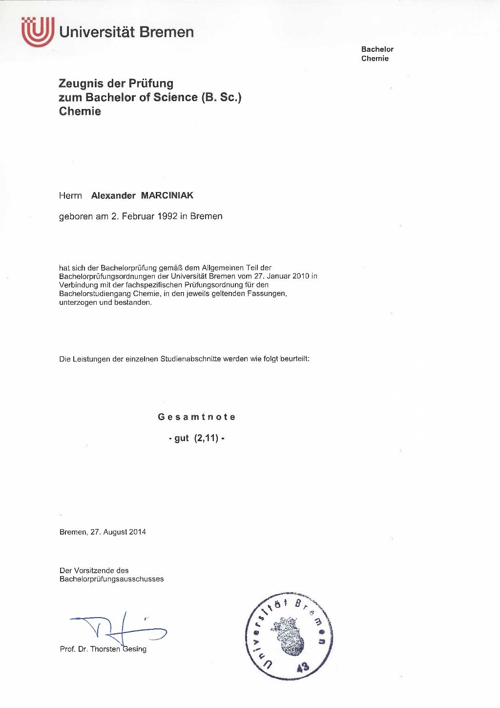 BA Degree Certificate