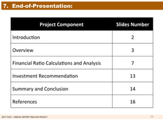 ACCT	
  5325	
  –	
  ANNUAL	
  REPORT	
  ANALYSIS	
  PROJECT	
  	
  
7. End-of-Presentation:
Project	
  Component	
   Slides	
  Number	
  
Introduc1on	
   2	
  
Overview	
   3	
  
Financial	
  Ra1o	
  Calcula1ons	
  and	
  Analysis	
   7	
  
Investment	
  Recommenda1on	
   13	
  
Summary	
  and	
  Conclusion	
   14	
  
References	
   16	
  
16	
  
 