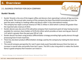 ACCT	
  5325	
  –	
  ANNUAL	
  REPORT	
  ANALYSIS	
  PROJECT	
  	
  
2. Overview:
2-­‐1.	
  BUSINESS	
  STRATEGY	
  FOR	
  EACH	
  COMPANY:	
  	
  
	
  
Dunkin'	
  Brands:	
  
	
  
•  Dunkin'	
  Brands	
  is	
  the	
  one	
  of	
  the	
  largest	
  coﬀee	
  and	
  donuts	
  chain	
  opera1ng	
  in	
  almost	
  all	
  big	
  countries	
  
of	
  the	
  world.	
  The	
  annual	
  sales	
  revenue	
  of	
  the	
  company	
  has	
  been	
  ﬂourished	
  tremendously	
  over	
  the	
  
past	
  ﬁve	
  years	
  making	
  it	
  a	
  leading	
  coﬀee	
  and	
  donuts	
  seller	
  in	
  the	
  interna1onal	
  market.	
  
•  The	
  company	
  has	
  repot	
  a	
  annual	
  revenue	
  of	
  748.71	
  million	
  in	
  2014	
  which	
  is	
  almost	
  5%	
  greater	
  than	
  
the	
  reported	
  sales	
  revenue	
  of	
  2013.	
  	
  
•  Dunkin	
  donuts	
  was	
  also	
  one	
  of	
  the	
  akrac1ve	
  company	
  from	
  investment	
  point	
  of	
  view	
  having	
  income	
  
available	
  for	
  common	
  share	
  holders	
  of	
  $176.36	
  million	
  which	
  provides	
  an	
  basic	
  earning	
  per	
  share	
  of	
  
1.67	
  which	
  is	
  greater	
  than	
  the	
  past	
  year	
  EPS	
  of	
  1.38.	
  
•  Dunkin	
  donuts	
  has	
  been	
  using	
  product	
  diﬀeren1a1on	
  strategy	
  providing	
  high	
  quality	
  donuts	
  through	
  
processing	
  from	
  hi-­‐tech	
  machines.	
  
•  There	
  has	
  also	
  been	
  product	
  diﬀeren1a1on	
  strategy	
  used	
  by	
  the	
  company	
  by	
  making	
  the	
  best	
  donuts	
  
in	
  market.	
  
•  The	
  overall	
  company	
  perspec1ve	
  for	
  next	
  5	
  years	
  looks	
  quiet	
  favorable	
  because	
  there	
  has	
  been	
  an	
  
increase	
  in	
  overall	
  sales	
  and	
  proﬁts	
  from	
  last	
  5	
  years.	
  The	
  EPS	
  is	
  also	
  rising	
  which	
  is	
  makes	
  the	
  Dunkin	
  
Donut	
  a	
  good	
  company	
  that	
  investors	
  can	
  invest	
  in.	
  
	
  
5	
  
Business	
  Strategy.	
  (n.d.).	
  Starbucks	
  and	
  Dunkin	
  Donuts.	
  Retrieved	
  16	
  April	
  2015	
  
 