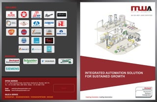 ASSOCIATES
OUR CLIENTS
INTEGRATED AUTOMATION
SOLUTIONS FOR SUSTAINED GROWTH
SALES & SERVICE
DURGAPUR / BHUBANESHWAR / VISHAKHAPATNAM / BOISAR
OFFICE ADDRESS
C-177, Akurli Industrial Estate, Akurli Road, Kandivali (E), Mumbai- 400 101.
Tel.: +91-22-2887 5884, 2887 8943, Telefax: +91-22-2887 4736
Email : sales@multiwayautomation.com
Website : www.multiwayautomation.com
Inspiring Innovation. Leading Automation
INTEGRATED AUTOMATION SOLUTION
FOR SUSTAINED GROWTH
MULTI WAY AUTOMATION
AN ISO-9001-2008 CERTIFIED
 