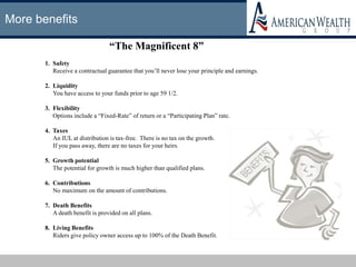 More benefits
“The Magnificent 8”
1. Safety
Receive a contractual guarantee that you’ll never lose your principle and earnings.
2. Liquidity
You have access to your funds prior to age 59 1/2.
3. Flexibility
Options include a “Fixed-Rate” of return or a “Participating Plan” rate.
4. Taxes
An IUL at distribution is tax-free. There is no tax on the growth.
If you pass away, there are no taxes for your heirs.
5. Growth potential
The potential for growth is much higher than qualified plans.
6. Contributions
No maximum on the amount of contributions.
7. Death Benefits
A death benefit is provided on all plans.
8. Living Benefits
Riders give policy owner access up to 100% of the Death Benefit.
 