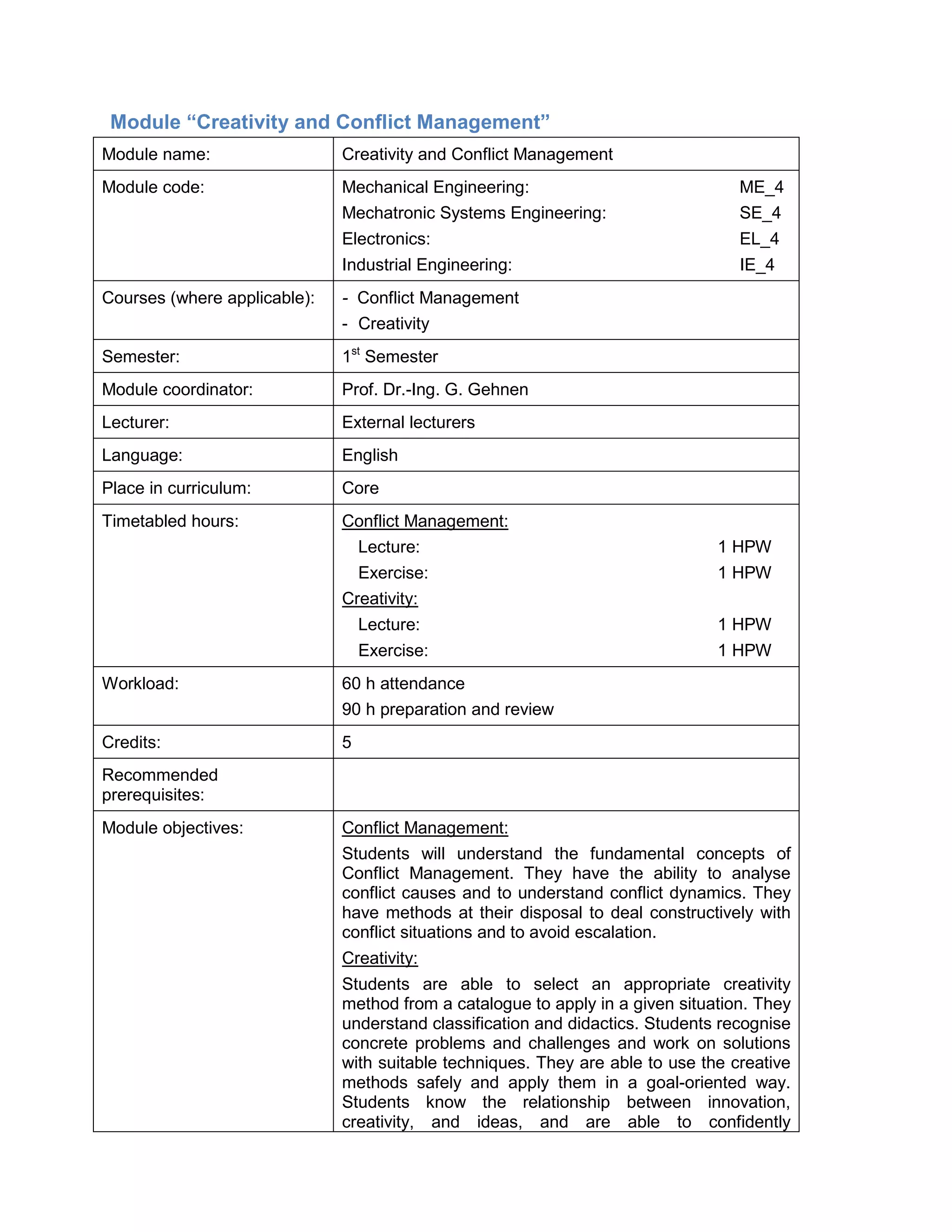 Module “Creativity and Conflict Management” 
Module name: 
Creativity and Conflict Management 
Module code: 
Mechanical Engineering: ME_4 
Mechatronic Systems Engineering: SE_4 
Electronics: EL_4 
Industrial Engineering: IE_4 
Courses (where applicable): 
- Conflict Management 
- Creativity 
Semester: 
1st Semester 
Module coordinator: 
Prof. Dr.-Ing. G. Gehnen 
Lecturer: 
External lecturers 
Language: 
English 
Place in curriculum: 
Core 
Timetabled hours: 
Conflict Management: 
Lecture: 1 HPW 
Exercise: 1 HPW 
Creativity: 
Lecture: 1 HPW 
Exercise: 1 HPW 
Workload: 
60 h attendance 
90 h preparation and review 
Credits: 
5 
Recommended prerequisites: 
Module objectives: 
Conflict Management: 
Students will understand the fundamental concepts of Conflict Management. They have the ability to analyse conflict causes and to understand conflict dynamics. They have methods at their disposal to deal constructively with conflict situations and to avoid escalation. 
Creativity: 
Students are able to select an appropriate creativity method from a catalogue to apply in a given situation. They understand classification and didactics. Students recognise concrete problems and challenges and work on solutions with suitable techniques. They are able to use the creative methods safely and apply them in a goal-oriented way. Students know the relationship between innovation, creativity, and ideas, and are able to confidently  