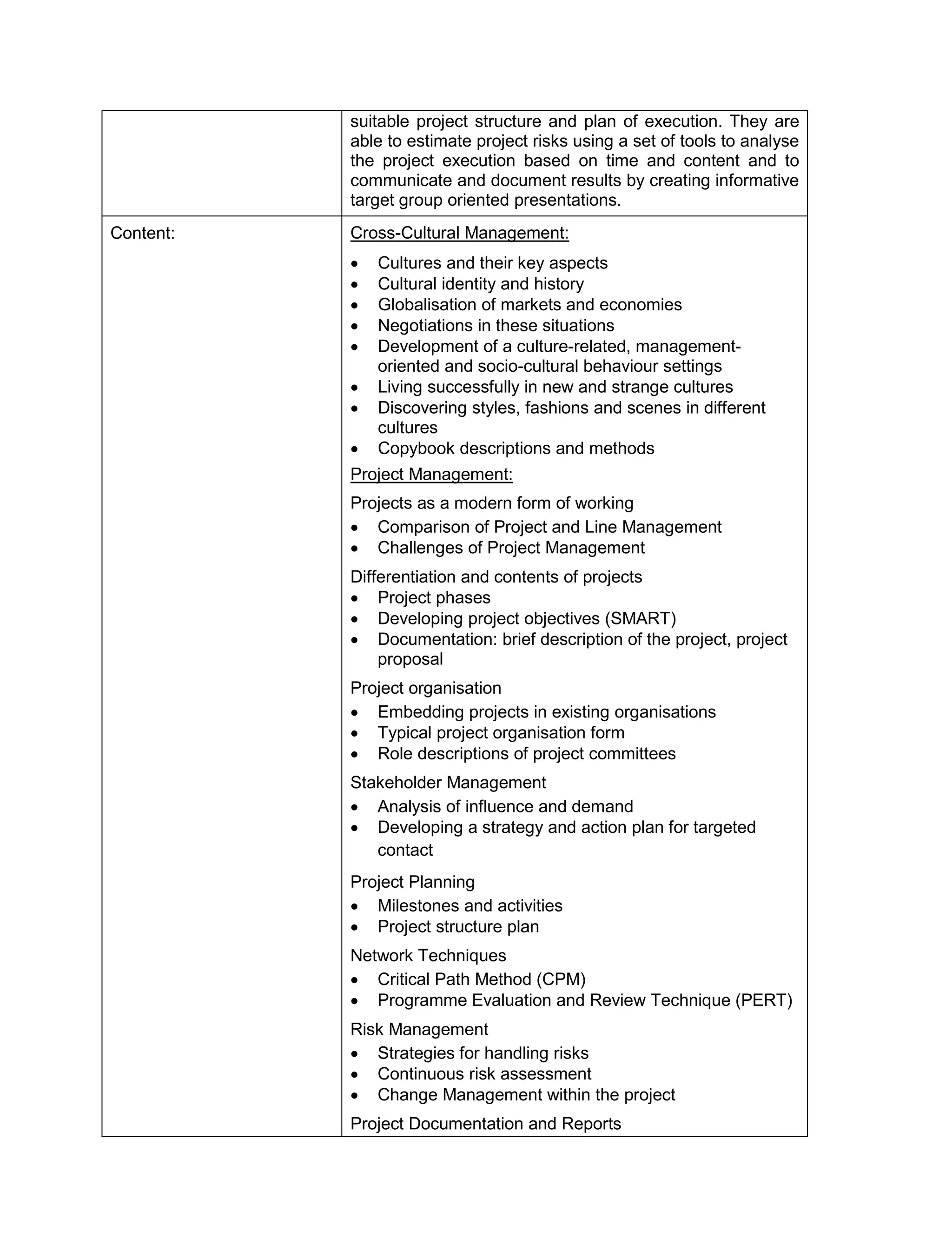 suitable project structure and plan of execution. They are able to estimate project risks using a set of tools to analyse the project execution based on time and content and to communicate and document results by creating informative target group oriented presentations. 
Content: 
Cross-Cultural Management: 
• Cultures and their key aspects 
• Cultural identity and history 
• Globalisation of markets and economies 
• Negotiations in these situations 
• Development of a culture-related, management- oriented and socio-cultural behaviour settings 
• Living successfully in new and strange cultures 
• Discovering styles, fashions and scenes in different cultures 
• Copybook descriptions and methods 
Project Management: 
Projects as a modern form of working 
• Comparison of Project and Line Management 
• Challenges of Project Management 
Differentiation and contents of projects 
• Project phases 
• Developing project objectives (SMART) 
• Documentation: brief description of the project, project proposal 
Project organisation 
• Embedding projects in existing organisations 
• Typical project organisation form 
• Role descriptions of project committees 
Stakeholder Management 
• Analysis of influence and demand 
• Developing a strategy and action plan for targeted contact 
Project Planning 
• Milestones and activities 
• Project structure plan 
Network Techniques 
• Critical Path Method (CPM) 
• Programme Evaluation and Review Technique (PERT) 
Risk Management 
• Strategies for handling risks 
• Continuous risk assessment 
• Change Management within the project 
Project Documentation and Reports  