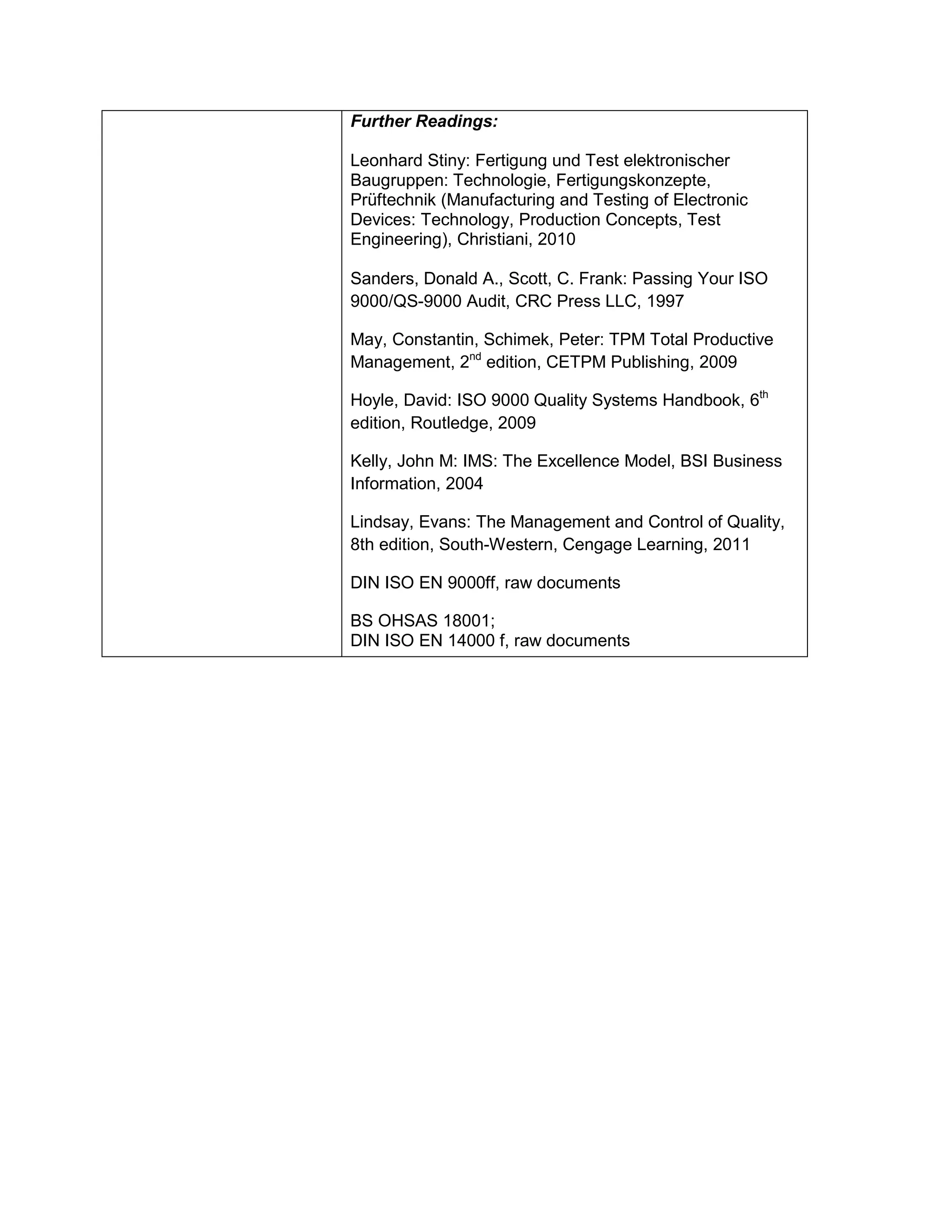 Further Readings: 
Leonhard Stiny: Fertigung und Test elektronischer Baugruppen: Technologie, Fertigungskonzepte, Prüftechnik (Manufacturing and Testing of Electronic Devices: Technology, Production Concepts, Test Engineering), Christiani, 2010 
Sanders, Donald A., Scott, C. Frank: Passing Your ISO 9000/QS-9000 Audit, CRC Press LLC, 1997 
May, Constantin, Schimek, Peter: TPM Total Productive Management, 2nd edition, CETPM Publishing, 2009 
Hoyle, David: ISO 9000 Quality Systems Handbook, 6th edition, Routledge, 2009 
Kelly, John M: IMS: The Excellence Model, BSI Business Information, 2004 
Lindsay, Evans: The Management and Control of Quality, 8th edition, South-Western, Cengage Learning, 2011 
DIN ISO EN 9000ff, raw documents 
BS OHSAS 18001; DIN ISO EN 14000 f, raw documents  