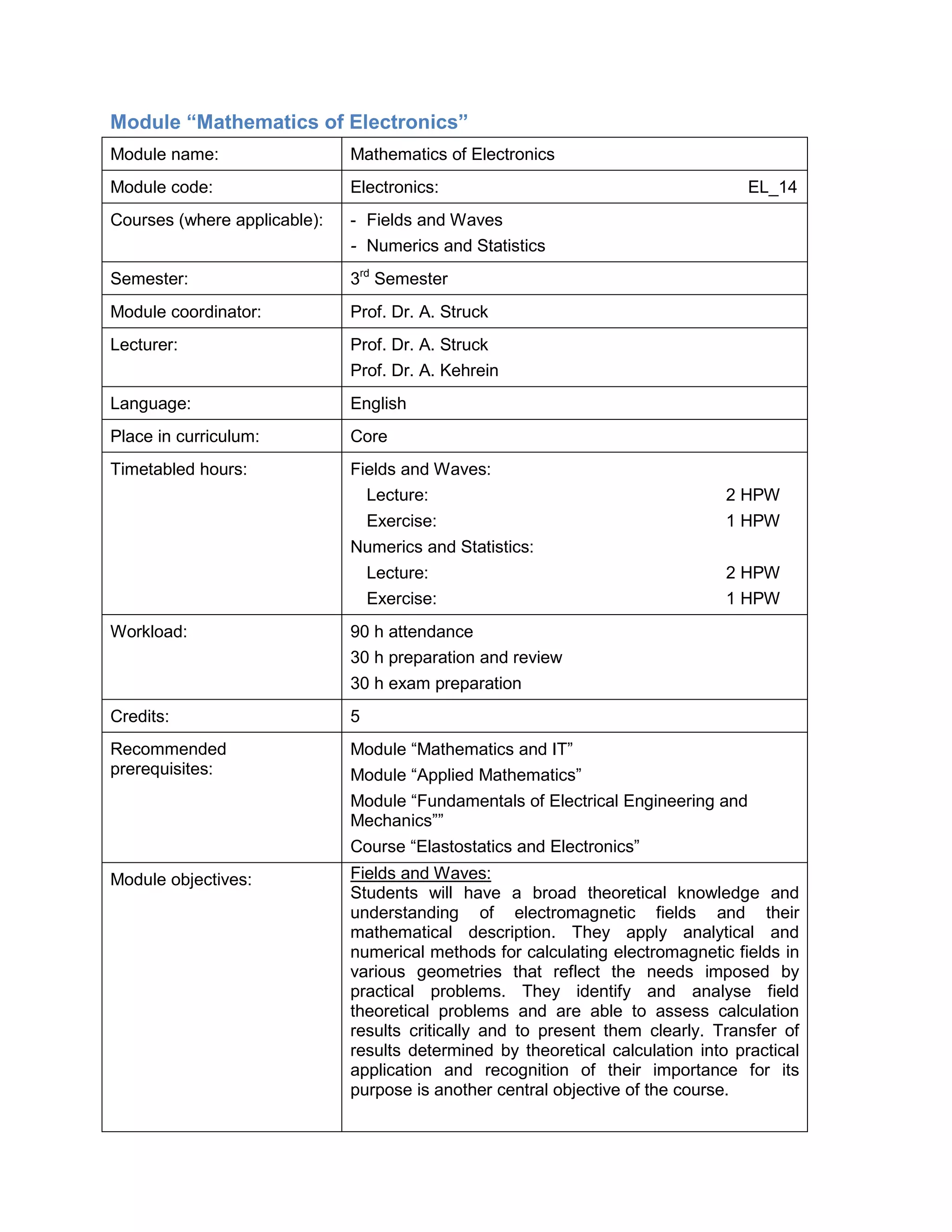 Module “Mathematics of Electronics” 
Module name: 
Mathematics of Electronics 
Module code: 
Electronics: EL_14 
Courses (where applicable): 
- Fields and Waves 
- Numerics and Statistics 
Semester: 
3rd Semester 
Module coordinator: 
Prof. Dr. A. Struck 
Lecturer: 
Prof. Dr. A. Struck 
Prof. Dr. A. Kehrein 
Language: 
English 
Place in curriculum: 
Core 
Timetabled hours: 
Fields and Waves: 
Lecture: 2 HPW 
Exercise: 1 HPW 
Numerics and Statistics: 
Lecture: 2 HPW 
Exercise: 1 HPW 
Workload: 
90 h attendance 
30 h preparation and review 
30 h exam preparation 
Credits: 
5 
Recommended prerequisites: 
Module “Mathematics and IT” 
Module “Applied Mathematics” 
Module “Fundamentals of Electrical Engineering and Mechanics”” 
Course “Elastostatics and Electronics” 
Module objectives: 
Fields and Waves: 
Students will have a broad theoretical knowledge and understanding of electromagnetic fields and their mathematical description. They apply analytical and numerical methods for calculating electromagnetic fields in various geometries that reflect the needs imposed by practical problems. They identify and analyse field theoretical problems and are able to assess calculation results critically and to present them clearly. Transfer of results determined by theoretical calculation into practical application and recognition of their importance for its purpose is another central objective of the course.  