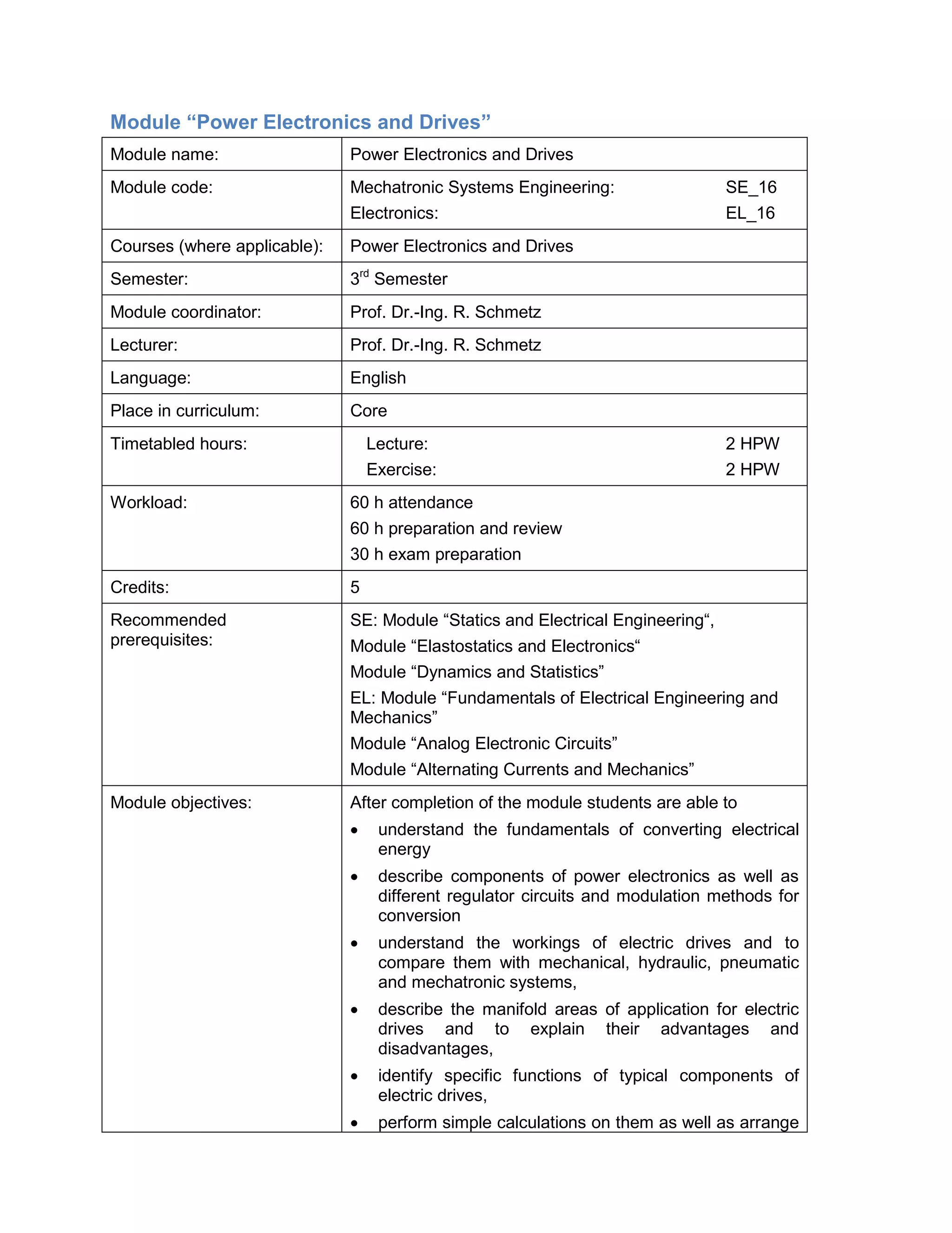 Module “Power Electronics and Drives” 
Module name: 
Power Electronics and Drives 
Module code: 
Mechatronic Systems Engineering: SE_16 
Electronics: EL_16 
Courses (where applicable): 
Power Electronics and Drives 
Semester: 
3rd Semester 
Module coordinator: 
Prof. Dr.-Ing. R. Schmetz 
Lecturer: 
Prof. Dr.-Ing. R. Schmetz 
Language: 
English 
Place in curriculum: 
Core 
Timetabled hours: 
Lecture: 2 HPW 
Exercise: 2 HPW 
Workload: 
60 h attendance 
60 h preparation and review 
30 h exam preparation 
Credits: 
5 
Recommended prerequisites: 
SE: Module “Statics and Electrical Engineering“, 
Module “Elastostatics and Electronics“ 
Module “Dynamics and Statistics” 
EL: Module “Fundamentals of Electrical Engineering and Mechanics” 
Module “Analog Electronic Circuits” 
Module “Alternating Currents and Mechanics” 
Module objectives: 
After completion of the module students are able to 
• understand the fundamentals of converting electrical energy 
• describe components of power electronics as well as different regulator circuits and modulation methods for conversion 
• understand the workings of electric drives and to compare them with mechanical, hydraulic, pneumatic and mechatronic systems, 
• describe the manifold areas of application for electric drives and to explain their advantages and disadvantages, 
• identify specific functions of typical components of electric drives, 
• perform simple calculations on them as well as arrange  