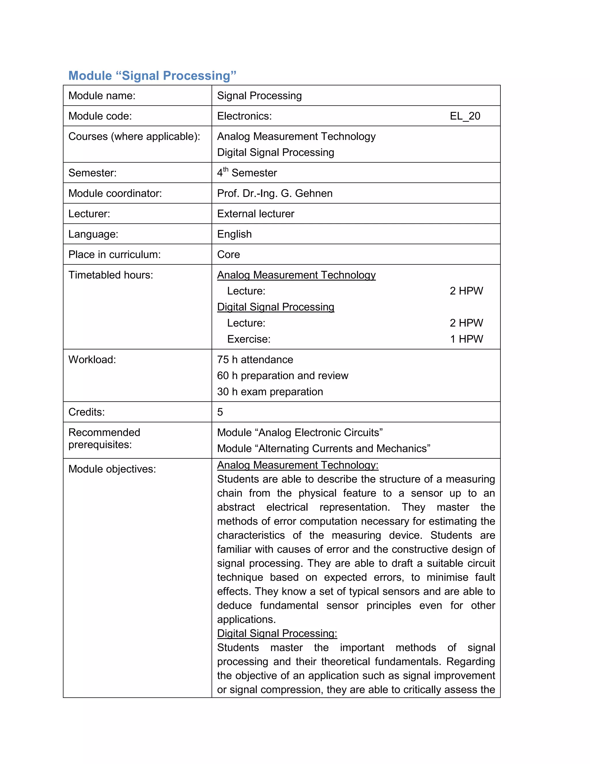 Module “Signal Processing” 
Module name: 
Signal Processing 
Module code: 
Electronics: EL_20 
Courses (where applicable): 
Analog Measurement Technology 
Digital Signal Processing 
Semester: 
4th Semester 
Module coordinator: 
Prof. Dr.-Ing. G. Gehnen 
Lecturer: 
External lecturer 
Language: 
English 
Place in curriculum: 
Core 
Timetabled hours: 
Analog Measurement Technology 
Lecture: 2 HPW 
Digital Signal Processing 
Lecture: 2 HPW 
Exercise: 1 HPW 
Workload: 
75 h attendance 
60 h preparation and review 
30 h exam preparation 
Credits: 
5 
Recommended prerequisites: 
Module “Analog Electronic Circuits” 
Module “Alternating Currents and Mechanics” 
Module objectives: 
Analog Measurement Technology: 
Students are able to describe the structure of a measuring chain from the physical feature to a sensor up to an abstract electrical representation. They master the methods of error computation necessary for estimating the characteristics of the measuring device. Students are familiar with causes of error and the constructive design of signal processing. They are able to draft a suitable circuit technique based on expected errors, to minimise fault effects. They know a set of typical sensors and are able to deduce fundamental sensor principles even for other applications. Digital Signal Processing: 
Students master the important methods of signal processing and their theoretical fundamentals. Regarding the objective of an application such as signal improvement or signal compression, they are able to critically assess the  