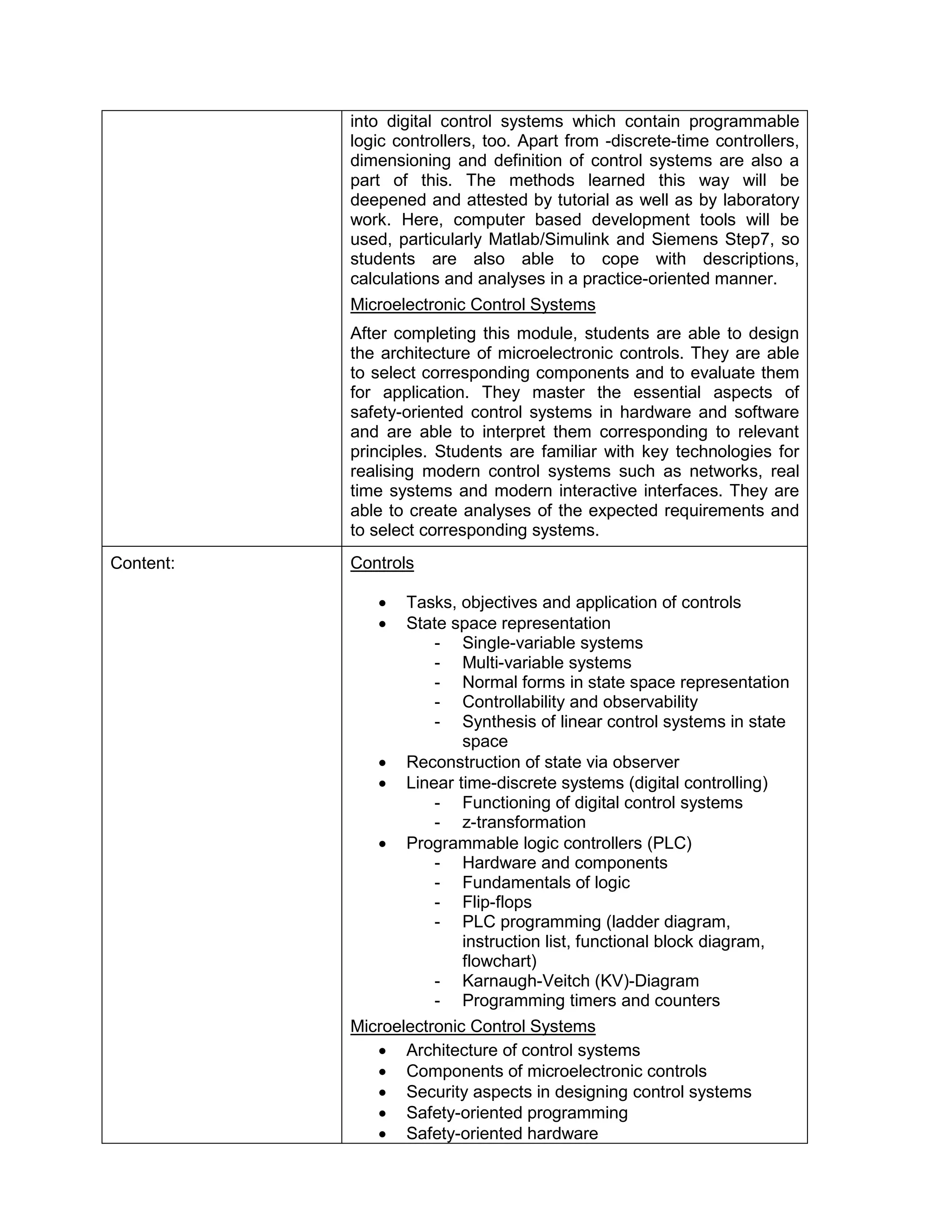 into digital control systems which contain programmable logic controllers, too. Apart from -discrete-time controllers, dimensioning and definition of control systems are also a part of this. The methods learned this way will be deepened and attested by tutorial as well as by laboratory work. Here, computer based development tools will be used, particularly Matlab/Simulink and Siemens Step7, so students are also able to cope with descriptions, calculations and analyses in a practice-oriented manner. 
Microelectronic Control Systems 
After completing this module, students are able to design the architecture of microelectronic controls. They are able to select corresponding components and to evaluate them for application. They master the essential aspects of safety-oriented control systems in hardware and software and are able to interpret them corresponding to relevant principles. Students are familiar with key technologies for realising modern control systems such as networks, real time systems and modern interactive interfaces. They are able to create analyses of the expected requirements and to select corresponding systems. 
Content: 
Controls 
• Tasks, objectives and application of controls 
• State space representation 
- Single-variable systems 
- Multi-variable systems 
- Normal forms in state space representation 
- Controllability and observability 
- Synthesis of linear control systems in state space 
• Reconstruction of state via observer 
• Linear time-discrete systems (digital controlling) 
- Functioning of digital control systems 
- z-transformation 
• Programmable logic controllers (PLC) 
- Hardware and components 
- Fundamentals of logic 
- Flip-flops 
- PLC programming (ladder diagram, instruction list, functional block diagram, flowchart) 
- Karnaugh-Veitch (KV)-Diagram 
- Programming timers and counters 
Microelectronic Control Systems 
• Architecture of control systems 
• Components of microelectronic controls 
• Security aspects in designing control systems 
• Safety-oriented programming 
• Safety-oriented hardware  