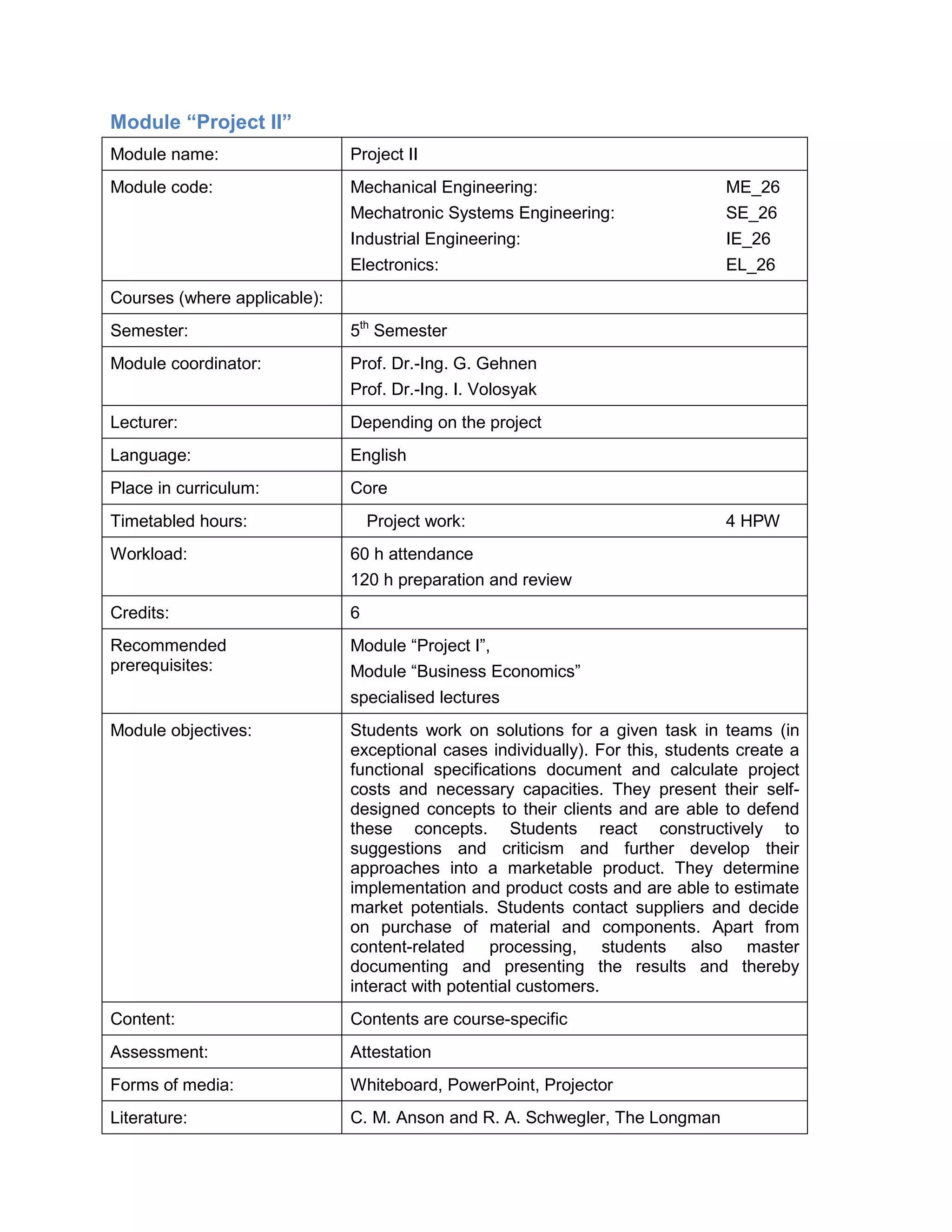 Module “Project II” 
Module name: 
Project II 
Module code: 
Mechanical Engineering: ME_26 
Mechatronic Systems Engineering: SE_26 
Industrial Engineering: IE_26 
Electronics: EL_26 
Courses (where applicable): 
Semester: 
5th Semester 
Module coordinator: 
Prof. Dr.-Ing. G. Gehnen 
Prof. Dr.-Ing. I. Volosyak 
Lecturer: 
Depending on the project 
Language: 
English 
Place in curriculum: 
Core 
Timetabled hours: 
Project work: 4 HPW 
Workload: 
60 h attendance 
120 h preparation and review 
Credits: 
6 
Recommended prerequisites: 
Module “Project I”, 
Module “Business Economics” 
specialised lectures 
Module objectives: 
Students work on solutions for a given task in teams (in exceptional cases individually). For this, students create a functional specifications document and calculate project costs and necessary capacities. They present their self- designed concepts to their clients and are able to defend these concepts. Students react constructively to suggestions and criticism and further develop their approaches into a marketable product. They determine implementation and product costs and are able to estimate market potentials. Students contact suppliers and decide on purchase of material and components. Apart from content-related processing, students also master documenting and presenting the results and thereby interact with potential customers. 
Content: 
Contents are course-specific 
Assessment: 
Attestation 
Forms of media: 
Whiteboard, PowerPoint, Projector 
Literature: 
C. M. Anson and R. A. Schwegler, The Longman  