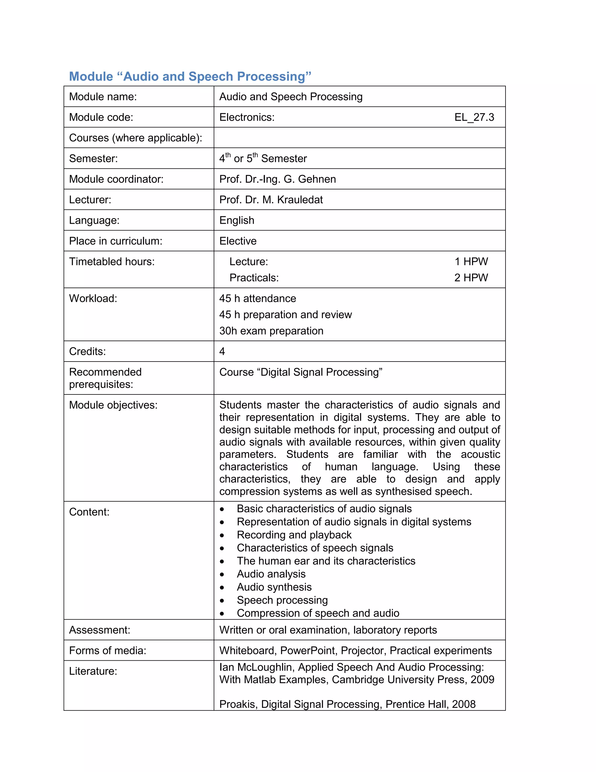 Module “Audio and Speech Processing” 
Module name: 
Audio and Speech Processing 
Module code: 
Electronics: EL_27.3 
Courses (where applicable): 
Semester: 
4th or 5th Semester 
Module coordinator: 
Prof. Dr.-Ing. G. Gehnen 
Lecturer: 
Prof. Dr. M. Krauledat 
Language: 
English 
Place in curriculum: 
Elective 
Timetabled hours: 
Lecture: 1 HPW 
Practicals: 2 HPW 
Workload: 
45 h attendance 
45 h preparation and review 
30h exam preparation 
Credits: 
4 
Recommended prerequisites: 
Course “Digital Signal Processing” 
Module objectives: 
Students master the characteristics of audio signals and their representation in digital systems. They are able to design suitable methods for input, processing and output of audio signals with available resources, within given quality parameters. Students are familiar with the acoustic characteristics of human language. Using these characteristics, they are able to design and apply compression systems as well as synthesised speech. 
Content: 
• Basic characteristics of audio signals 
• Representation of audio signals in digital systems 
• Recording and playback 
• Characteristics of speech signals 
• The human ear and its characteristics 
• Audio analysis 
• Audio synthesis 
• Speech processing 
• Compression of speech and audio 
Assessment: 
Written or oral examination, laboratory reports 
Forms of media: 
Whiteboard, PowerPoint, Projector, Practical experiments 
Literature: 
Ian McLoughlin, Applied Speech And Audio Processing: With Matlab Examples, Cambridge University Press, 2009 
Proakis, Digital Signal Processing, Prentice Hall, 2008  