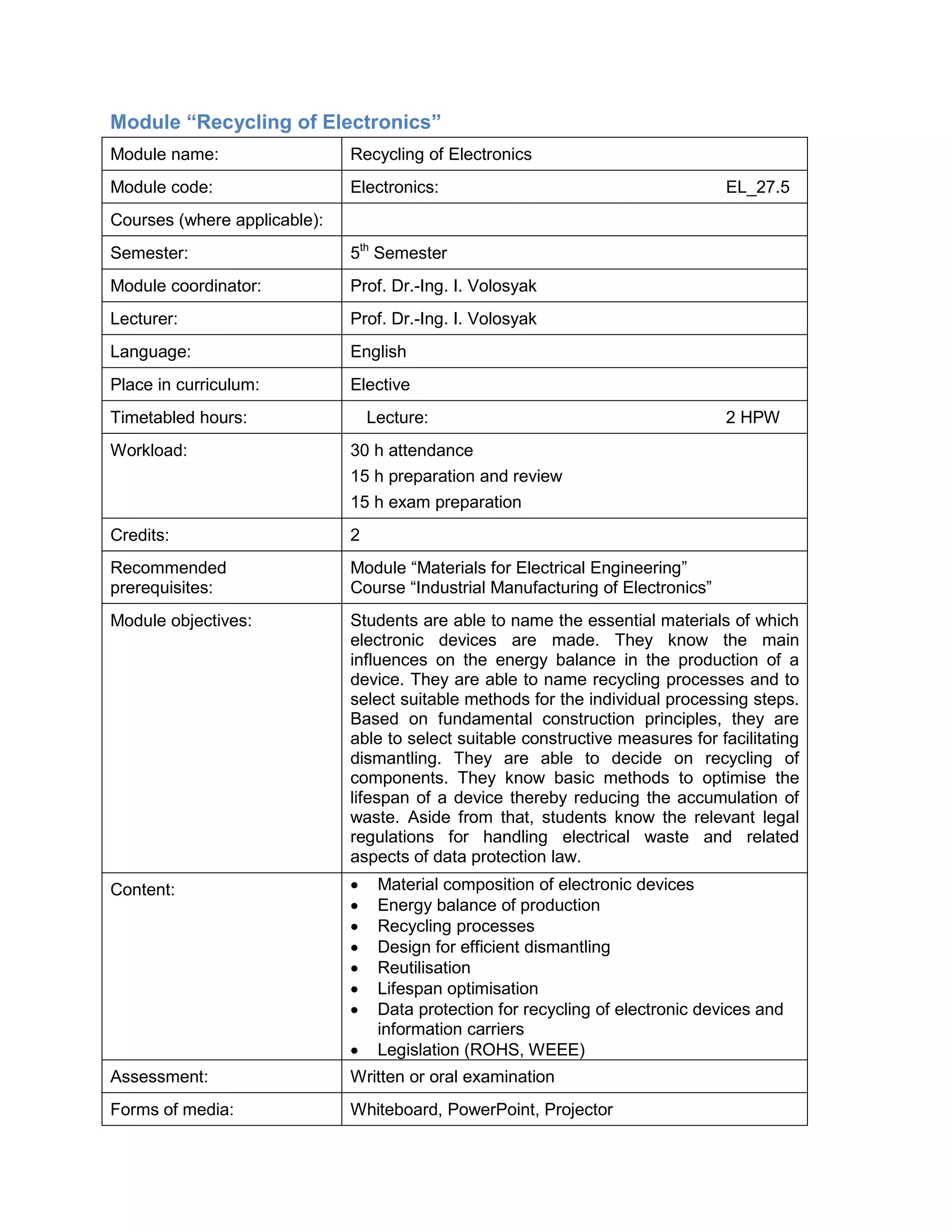 Module “Recycling of Electronics” 
Module name: 
Recycling of Electronics 
Module code: 
Electronics: EL_27.5 
Courses (where applicable): 
Semester: 
5th Semester 
Module coordinator: 
Prof. Dr.-Ing. I. Volosyak 
Lecturer: 
Prof. Dr.-Ing. I. Volosyak 
Language: 
English 
Place in curriculum: 
Elective 
Timetabled hours: 
Lecture: 2 HPW 
Workload: 
30 h attendance 
15 h preparation and review 
15 h exam preparation 
Credits: 
2 
Recommended prerequisites: 
Module “Materials for Electrical Engineering” Course “Industrial Manufacturing of Electronics” 
Module objectives: 
Students are able to name the essential materials of which electronic devices are made. They know the main influences on the energy balance in the production of a device. They are able to name recycling processes and to select suitable methods for the individual processing steps. Based on fundamental construction principles, they are able to select suitable constructive measures for facilitating dismantling. They are able to decide on recycling of components. They know basic methods to optimise the lifespan of a device thereby reducing the accumulation of waste. Aside from that, students know the relevant legal regulations for handling electrical waste and related aspects of data protection law. 
Content: 
• Material composition of electronic devices 
• Energy balance of production 
• Recycling processes 
• Design for efficient dismantling 
• Reutilisation 
• Lifespan optimisation 
• Data protection for recycling of electronic devices and information carriers 
• Legislation (ROHS, WEEE) 
Assessment: 
Written or oral examination 
Forms of media: 
Whiteboard, PowerPoint, Projector  