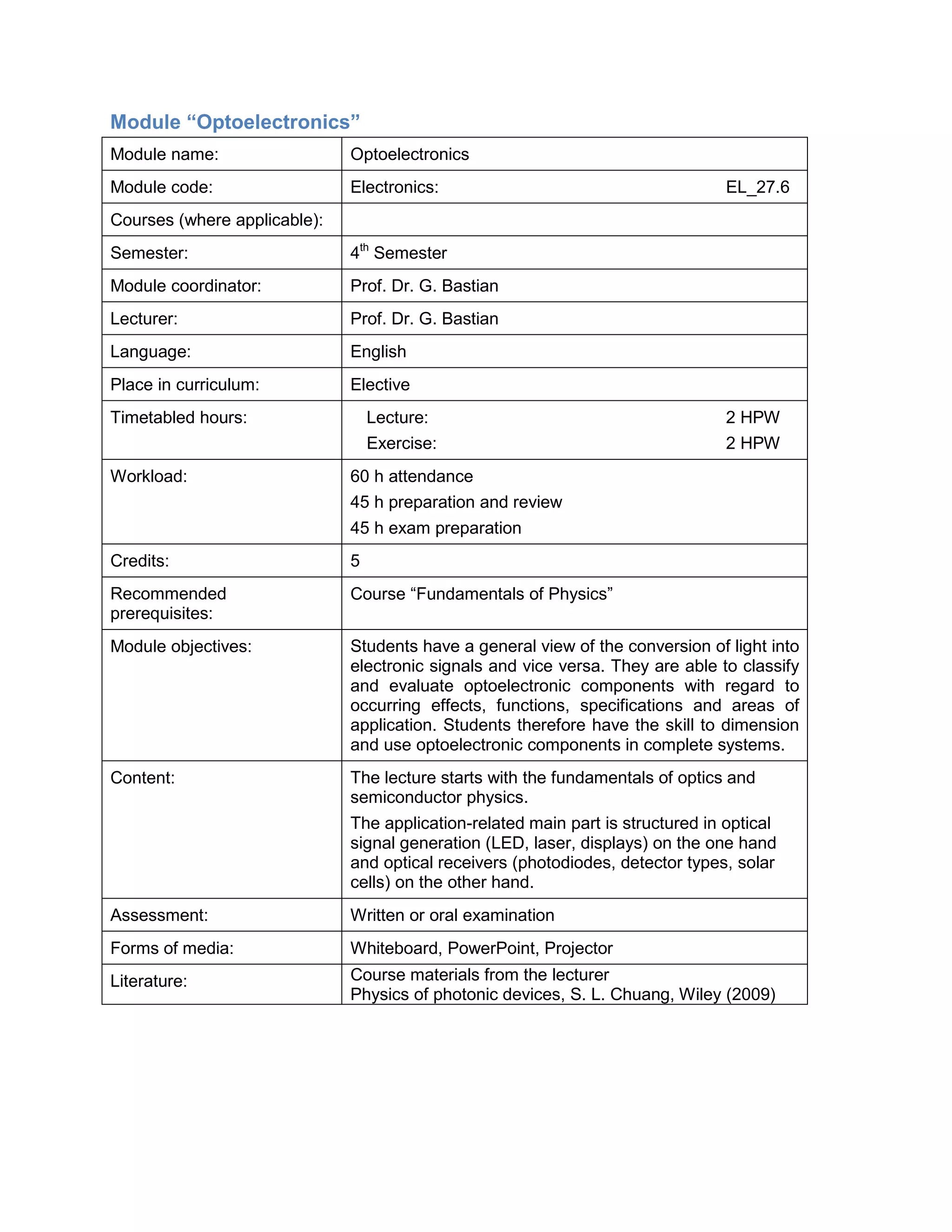 Module “Optoelectronics” 
Module name: 
Optoelectronics 
Module code: 
Electronics: EL_27.6 
Courses (where applicable): 
Semester: 
4th Semester 
Module coordinator: 
Prof. Dr. G. Bastian 
Lecturer: 
Prof. Dr. G. Bastian 
Language: 
English 
Place in curriculum: 
Elective 
Timetabled hours: 
Lecture: 2 HPW 
Exercise: 2 HPW 
Workload: 
60 h attendance 
45 h preparation and review 
45 h exam preparation 
Credits: 
5 
Recommended prerequisites: 
Course “Fundamentals of Physics” 
Module objectives: 
Students have a general view of the conversion of light into electronic signals and vice versa. They are able to classify and evaluate optoelectronic components with regard to occurring effects, functions, specifications and areas of application. Students therefore have the skill to dimension and use optoelectronic components in complete systems. 
Content: 
The lecture starts with the fundamentals of optics and semiconductor physics. 
The application-related main part is structured in optical signal generation (LED, laser, displays) on the one hand and optical receivers (photodiodes, detector types, solar cells) on the other hand. 
Assessment: 
Written or oral examination 
Forms of media: 
Whiteboard, PowerPoint, Projector 
Literature: 
Course materials from the lecturer 
Physics of photonic devices, S. L. Chuang, Wiley (2009)  