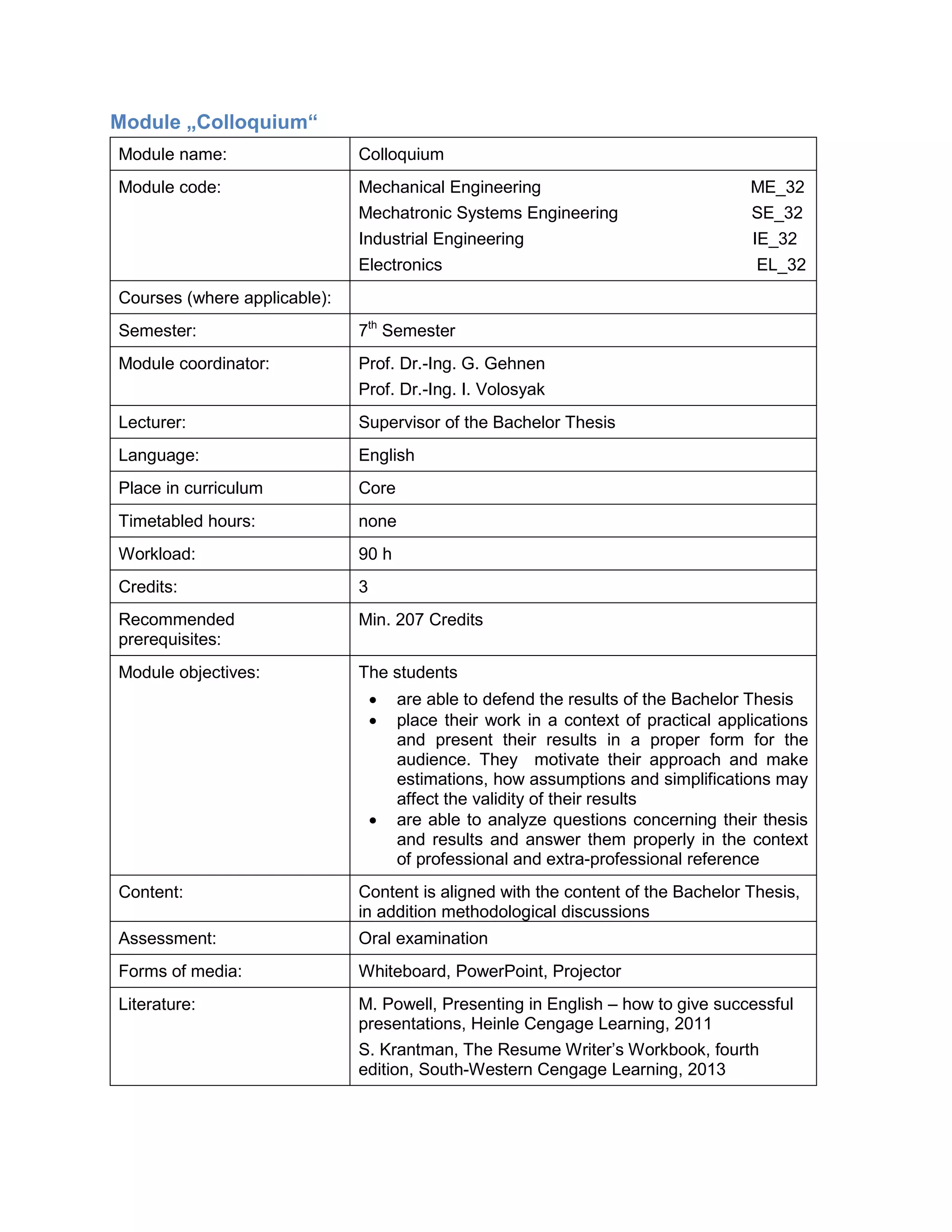 Module „Colloquium“ 
Module name: 
Colloquium 
Module code: 
Mechanical Engineering ME_32 
Mechatronic Systems Engineering SE_32 
Industrial Engineering IE_32 
Electronics EL_32 
Courses (where applicable): 
Semester: 
7th Semester 
Module coordinator: 
Prof. Dr.-Ing. G. Gehnen 
Prof. Dr.-Ing. I. Volosyak 
Lecturer: 
Supervisor of the Bachelor Thesis 
Language: 
English 
Place in curriculum 
Core 
Timetabled hours: 
none 
Workload: 
90 h 
Credits: 
3 
Recommended prerequisites: 
Min. 207 Credits 
Module objectives: 
The students 
• are able to defend the results of the Bachelor Thesis 
• place their work in a context of practical applications and present their results in a proper form for the audience. They motivate their approach and make estimations, how assumptions and simplifications may affect the validity of their results 
• are able to analyze questions concerning their thesis and results and answer them properly in the context of professional and extra-professional reference 
Content: 
Content is aligned with the content of the Bachelor Thesis, in addition methodological discussions 
Assessment: 
Oral examination 
Forms of media: 
Whiteboard, PowerPoint, Projector 
Literature: 
M. Powell, Presenting in English – how to give successful presentations, Heinle Cengage Learning, 2011 
S. Krantman, The Resume Writer’s Workbook, fourth edition, South-Western Cengage Learning, 2013 