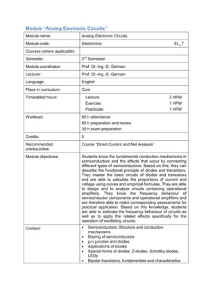 Module “Analog Electronic Circuits” 
Module name: 
Analog Electronic Circuits 
Module code: 
Electronics: EL_7 
Courses (where applicable): 
Semester: 
2nd Semester 
Module coordinator: 
Prof. Dr.-Ing. G. Gehnen 
Lecturer: 
Prof. Dr.-Ing. G. Gehnen 
Language: 
English 
Place in curriculum: 
Core 
Timetabled hours: 
Lecture: 2 HPW 
Exercise: 1 HPW 
Practicals: 1 HPW 
Workload: 
60 h attendance 
60 h preparation and review 
30 h exam preparation 
Credits: 
5 
Recommended prerequisites: 
Course “Direct Current and Net Analysis” 
Module objectives: 
Students know the fundamental conduction mechanisms in semiconductors and the effects that occur by connecting different types of semiconductors. Based on this, they can describe the functional principle of diodes and transistors. They master the basic circuits of diodes and transistors and are able to calculate the proportions of current and voltage using curves and empirical formulae. They are able to design and to analyse circuits containing operational amplifiers. They know the frequency behaviour of semiconductor components and operational amplifiers and are therefore able to make corresponding assessments for practical application. Based on this knowledge, students are able to estimate the frequency behaviour of circuits as well as to apply the related effects specifically for the operation of oscillating circuits. 
Content: 
• Semiconductors: Structure and conduction mechanisms 
• Doping of semiconductors 
• p-n junction and diodes 
• Applications of diodes 
• Special forms of diodes: Z-diodes, Schottky-diodes, LEDs 
• Bipolar transistors, fundamentals and characteristics  