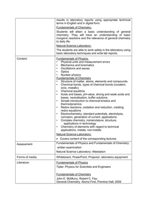 results in laboratory reports using appropriate technical terms in English and in digital form. 
Fundamentals of Chemistry: 
Students will attain a basic understanding of general chemistry. They will have an understanding of basic inorganic reactions and the relevance of general chemistry to daily life. 
Natural Science Laboratory: 
The students are able to work safely in the laboratory using basic laboratory techniques and write lab reports. 
Content: 
Fundamentals of Physics: 
• Physical units and measurement errors 
• Mechanics and kinematics 
• Oscillations and waves 
• Optics 
• Nuclear physics 
Fundamentals of Chemistry 
• Structure of matter, atoms, elements and compounds. 
• Chemical bonds, types of chemical bonds (covalent, ionic, metallic) 
• Chemical equilibria 
• Acids and bases, pH-value, strong and weak acids and bases, neutralisation, buffer solutions 
• Simple introduction to chemical kinetics and thermodynamics 
• Redox reactions, oxidation and reduction, creating redox equations 
• Electrochemistry, standard potentials, electrolysis, corrosion, generation of current, applications: 
• Complex chemistry, nomenclature, structure, applications in technology 
• Chemistry of elements with regard to technical applications, metals, non-metals 
Natural Science Laboratory: 
• Covers content of the corresponding lectures 
Assessment: 
Fundamentals of Physics and Fundamentals of Chemistry: 
written examination 
Natural Science Laboratory: Attestation 
Forms of media: 
Whiteboard, PowerPoint, Projector, laboratory equipment 
Literature: 
Fundamentals of Physics 
Tipler: Physics for Scientists and Engineers 
Fundamentals of Chemistry 
John E. McMurry, Robert C. Fay: 
General Chemistry: Atoms First, Prentice Hall; 2009  