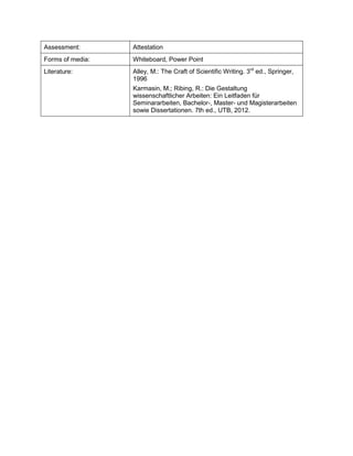 Assessment: 
Attestation 
Forms of media: 
Whiteboard, Power Point 
Literature: 
Alley, M.: The Craft of Scientific Writing. 3rd ed., Springer, 1996 
Karmasin, M.; Ribing, R.: Die Gestaltung wissenschaftlicher Arbeiten: Ein Leitfaden für Seminararbeiten, Bachelor-, Master- und Magisterarbeiten sowie Dissertationen. 7th ed., UTB, 2012.  