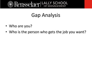• Who are you?
• Who is the person who gets the job you want?
Gap Analysis
 