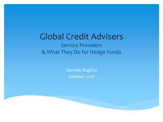 Global Credit Advisers
Service Providers
& What They Do for Hedge Funds
Danielle Buglino
Summer 2016
 