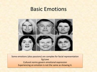 Basic Emotions
Some emotions (also passions) are complex for facial representation
Eg:Love
Cultural norms govern emotional expression
Experiencing an emotion is not the same as showing it.
 