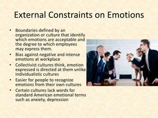 External Constraints on Emotions
• Boundaries defined by an
organization or culture that identify
which emotions are acceptable and
the degree to which employees
may express them.
• Bias against negative and intense
emotions at workplace
• Collectivist cultures think, emotion
expressed is directed at them unlike
individualistic cultures
• Easier for people to recognize
emotions from their own cultures
• Certain cultures lack words for
standard American emotional terms
such as anxiety, depression
 