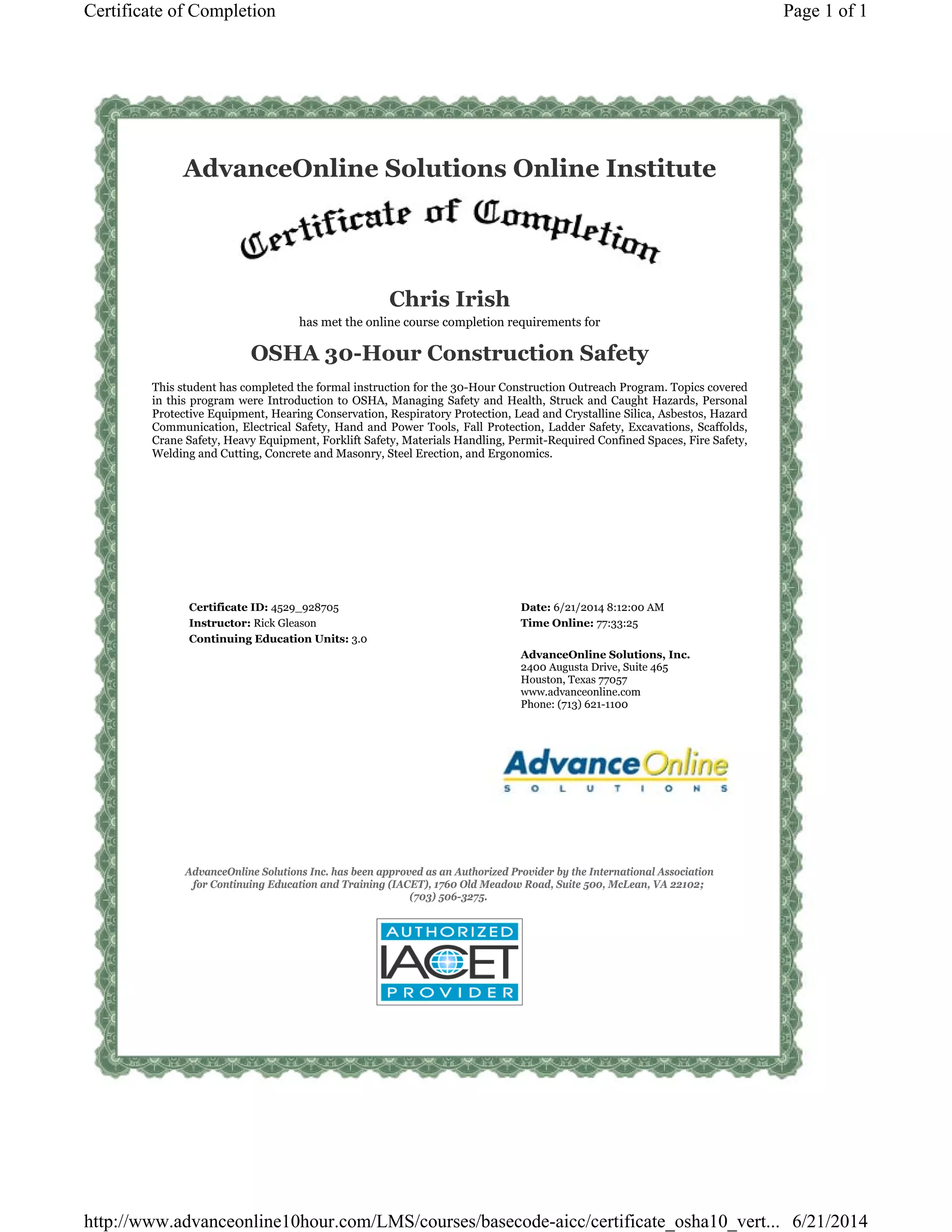 Osha Intructor Card Example 30 Hour OSHA Certificate | PDF