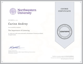 EDUCA
T
ION FOR EVE
R
YONE
CO
U
R
S
E
C E R T I F
I
C
A
TE
COURSE
CERTIFICATE
DECEMBER 10, 2015
Carine Andrey
The Importance of Listening
an online non-credit course authorized by Northwestern University and offered
through Coursera
has successfully completed
Professor Randy Hlavac
Medill School of Journalism, Media, Integrated Marketing Communications
Northwestern University
Verify at coursera.org/verify/NN7XZJSMWQ3Y
Coursera has confirmed the identity of this individual and
their participation in the course.
 