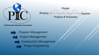 Project Engineering
People
Bringing
Projects & Processes
Together
Professional Industrial Consultants
Program Management
Construction Management
Project Management
 