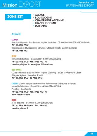 Annuaire des
PARTENAIRES EXPORTMission EXPORT
106
ZONE EST
• ALSACE
• BOURGOGNE
• CHAMPAGNE ARDENNE
• FRANCHE-COMTÉ
• LORRAINE
ALSACE
COFACE
Direction Régionale : Tour Europe - 20 place des Halles - CS 80028 - 67084 STRASBOURG Cedex
Tél : 03 88 32 27 50
Responsable de développement Garanties Publiques : Brigitte Clément-Demange
Tél : 06 20 66 84 31
DRCE
Immeuble Sébastopol - 3 quai Kléber - 67000 STRASBOURG
Tél : 03 88 15 21 70 - Fax : 03 88 15 21 79
strasbourg@dgtpe.fr - www.dgtpe.fr/drce/alsace/
UBIFRANCE
CCI de Strasbourg et du Bas Rhin - 10 place Gutenberg - 67081 STRASBOURG Cedex
Déléguée régional : Jacqueline Schmidt
Tél : 03 88 76 42 46 - 06 74 32 62 15
CNCCEF (Comité National des Conseillers du Commerce Extérieur de la France)
Immeuble Sébastopol - 3 quai Kléber - 67000 STRASBOURG
Président : Jean Serrats
Tél : 03 88 15 21 70 - Fax : 03 88 15 21 79
www.alsace-cce.com
OSEO
3, rue de Berne - BP 30032 - 67300 SCHILTIGHEIM
Tél. :03 88 56 88 56 - Fax : 01 41 79 94 50
strasbourg@oseo.fr
 